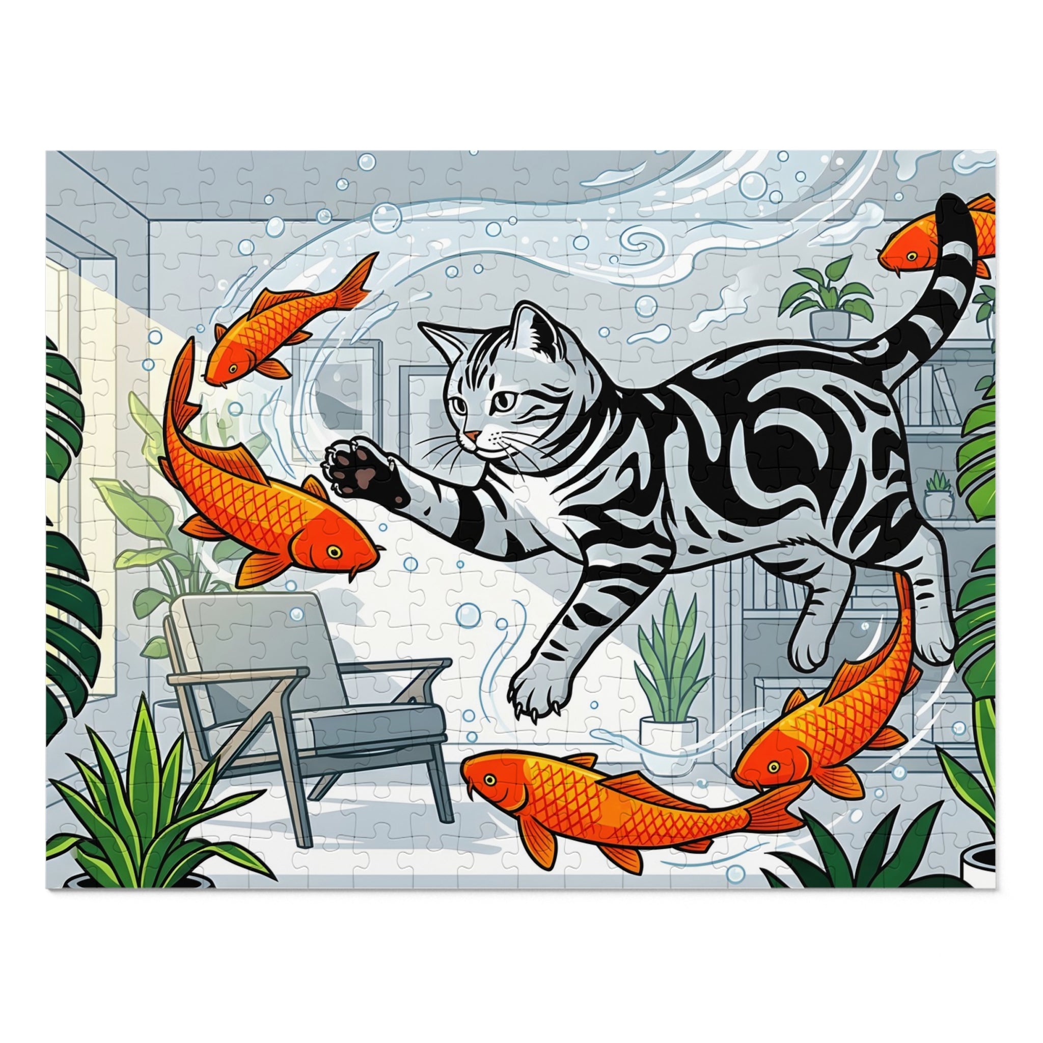 Silver Tabby American Shorthair Flying Goldfish Room Jigsaw Puzzle