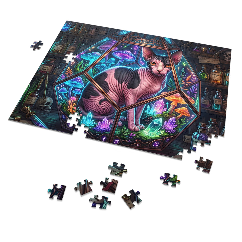 Pink and Black Calico Sphynx Terrarium Magic Potions Jigsaw Puzzle