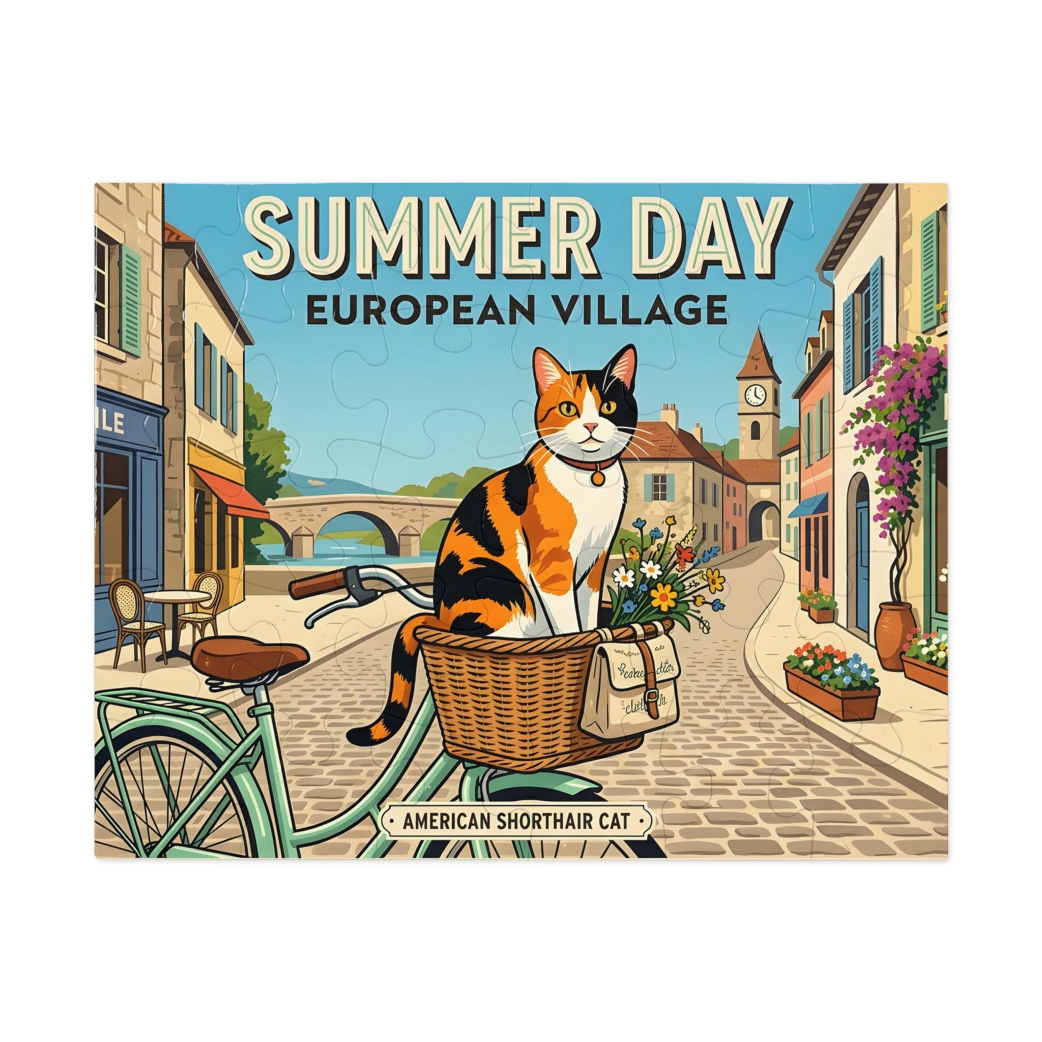Calico American Shorthair Summer Day European Village Jigsaw Puzzle