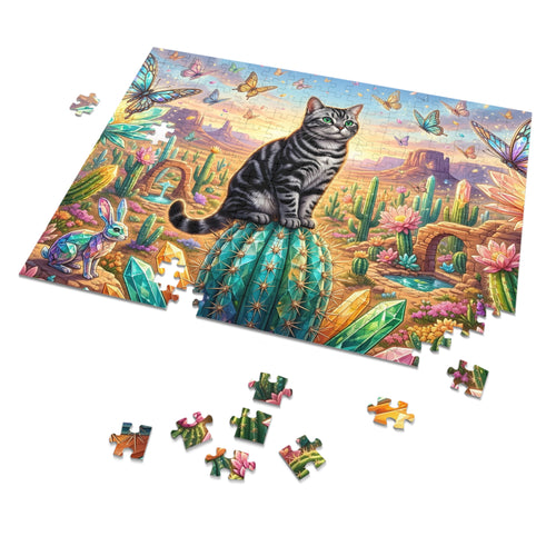 American Shorthair Cat Crystal Cactus Butterfly Desert Oasis Jigsaw Puzzle