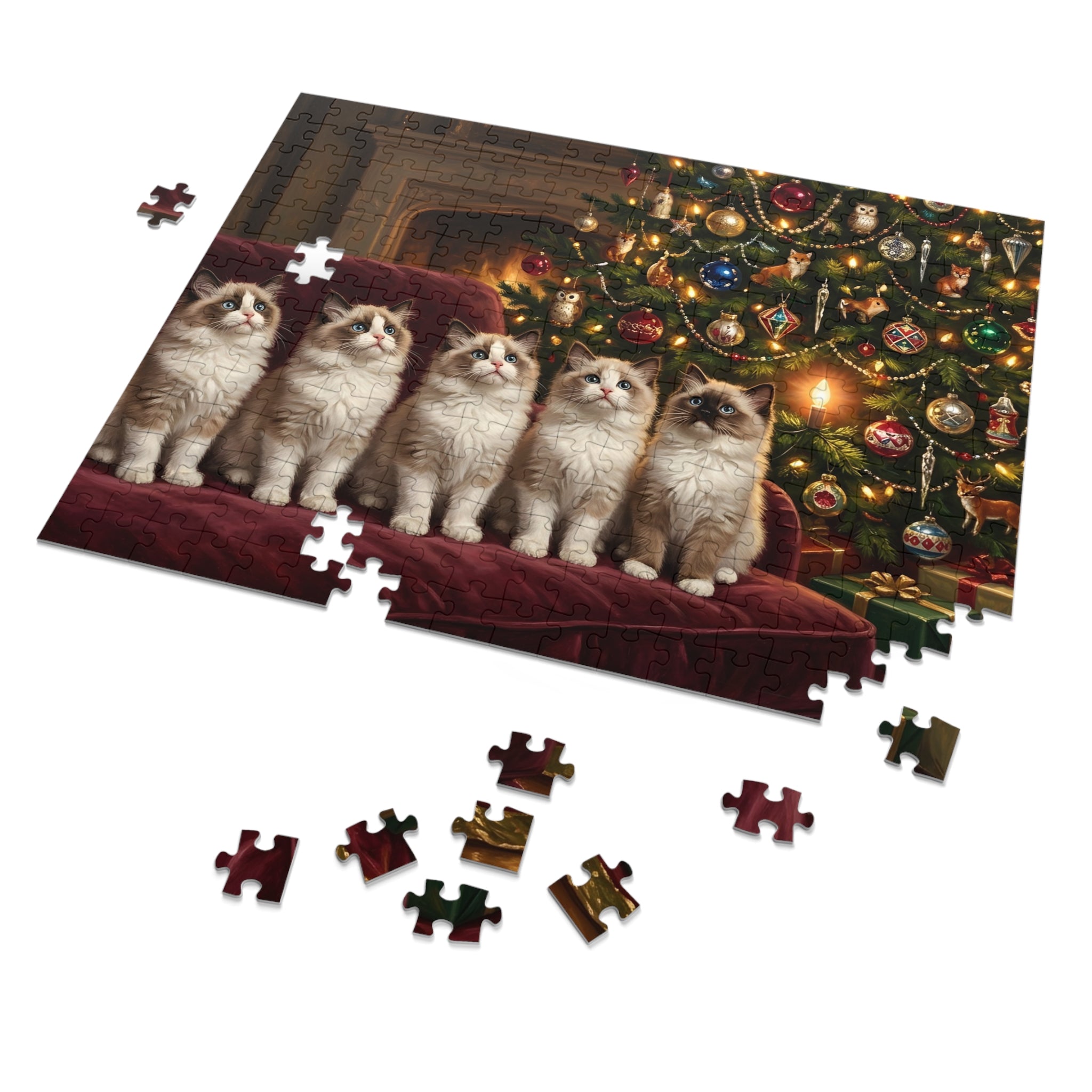 Seal Bicolor and Seal Point Ragdoll Kittens Christmas Tree Jigsaw Puzzle