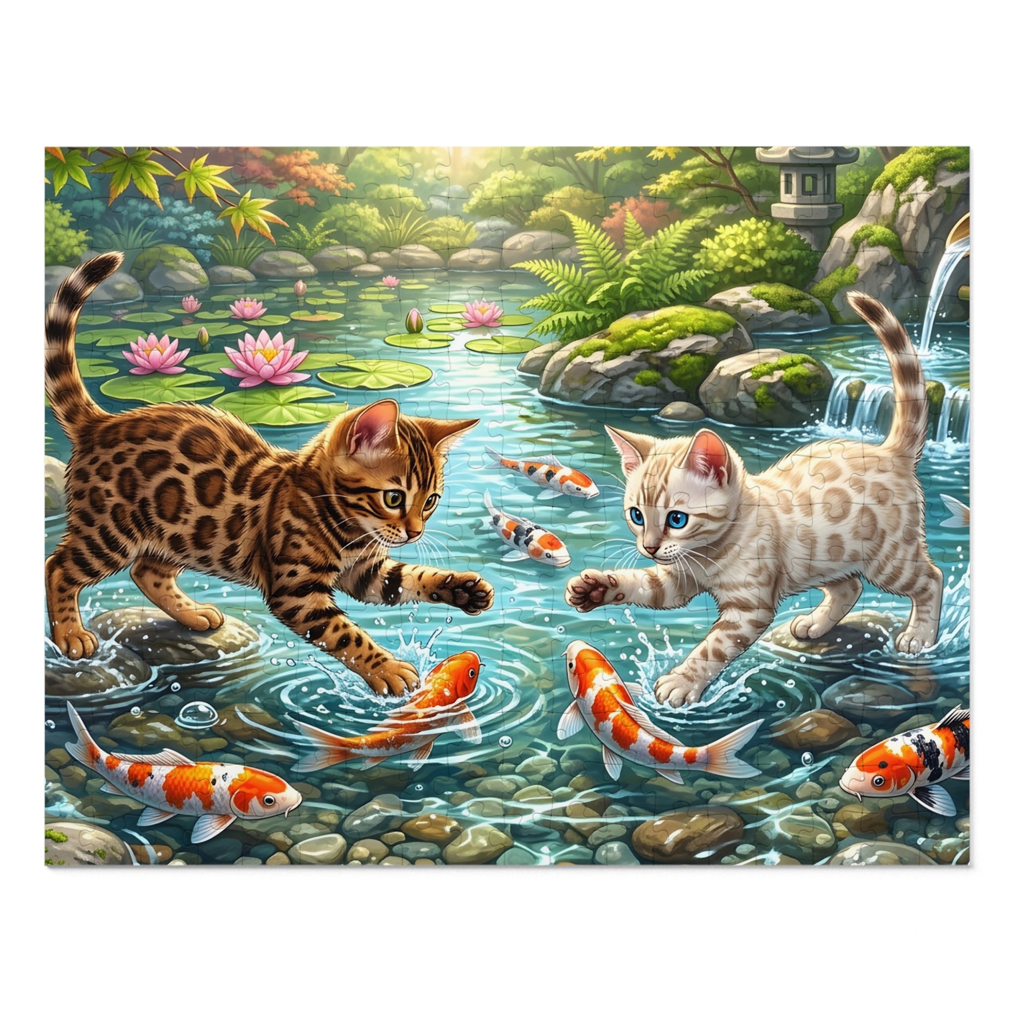 Brown and Snow Bengal Kittens Japanese Koi Pond Jigsaw Puzzle