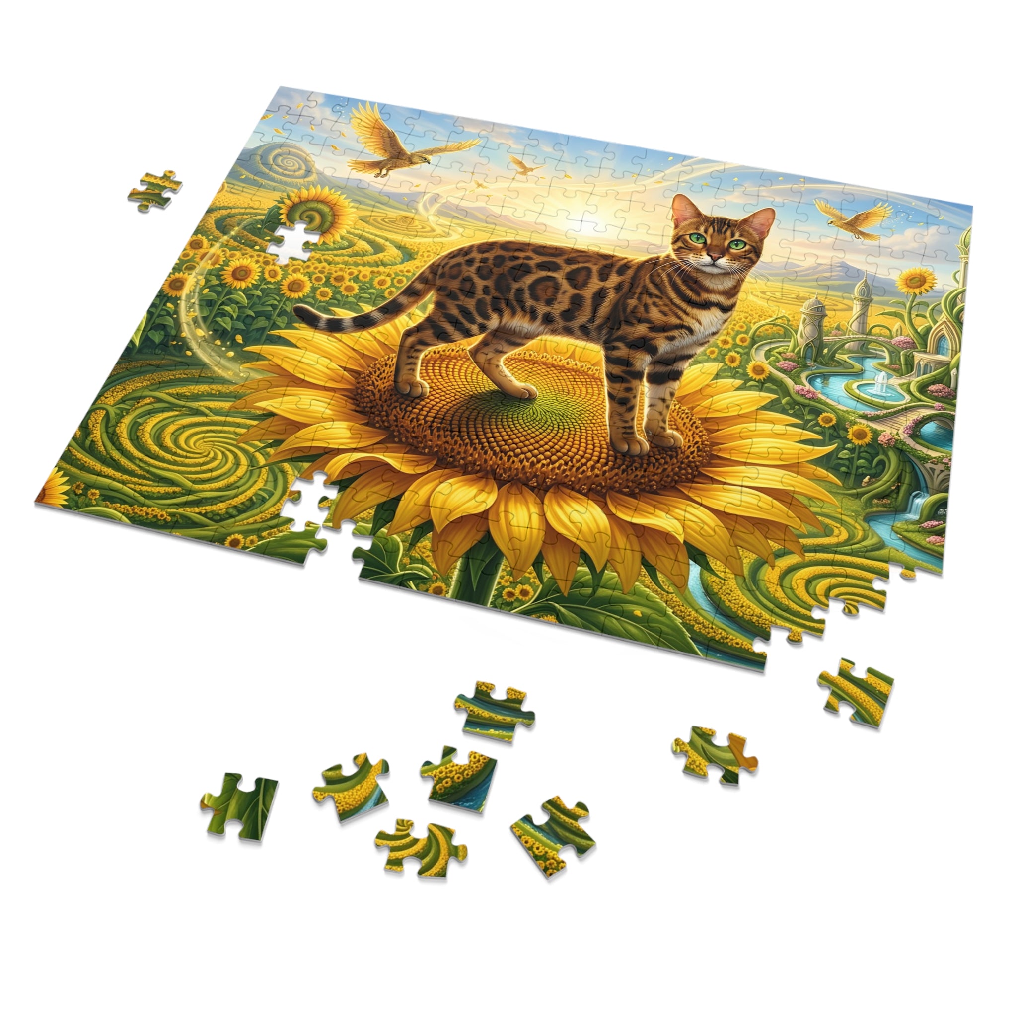 Bengal Cat Giant Sunflower Spiral Field Fantasy Palace Jigsaw Puzzle