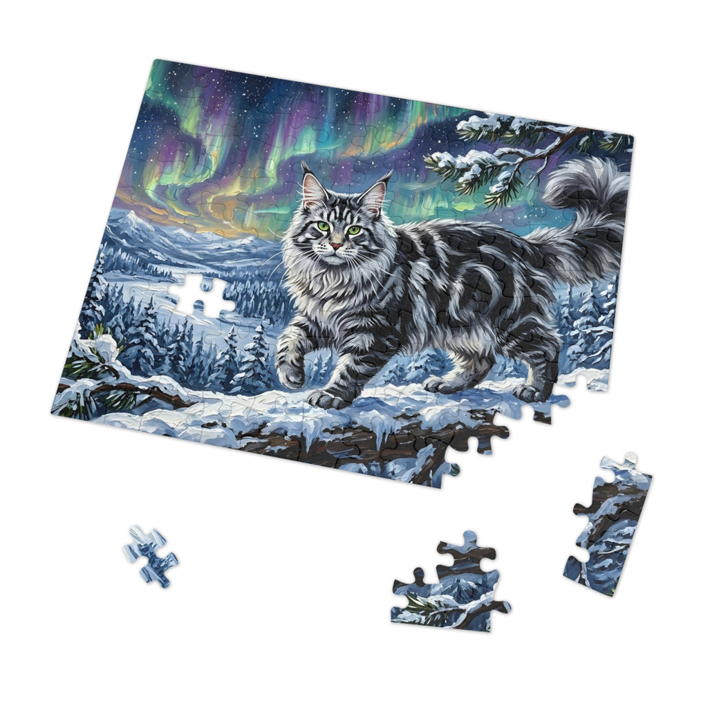 Silver Tabby Maine Coon Northern Lights Snowy Winter Jigsaw Puzzle