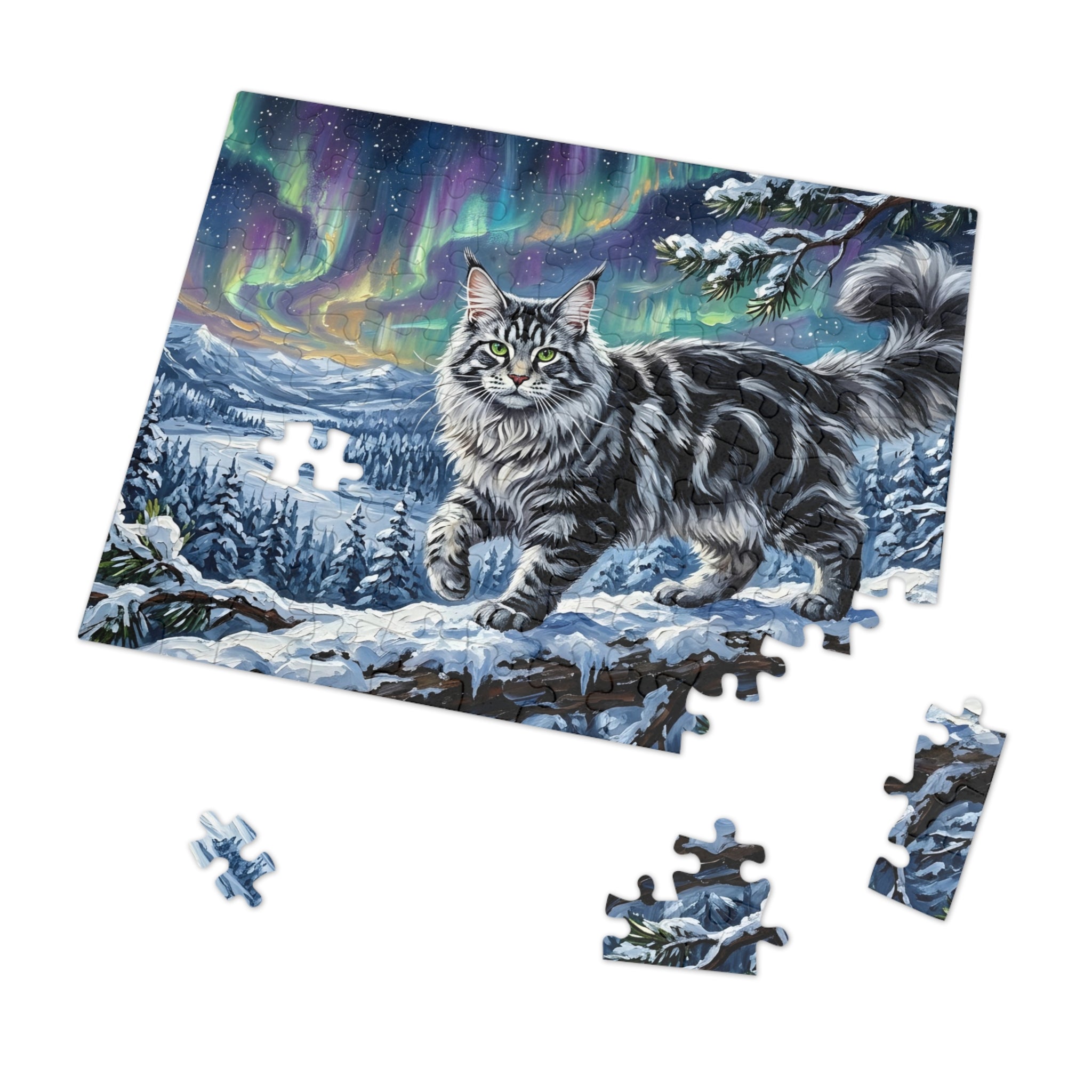 Silver Tabby Maine Coon Northern Lights Snowy Winter Jigsaw Puzzle