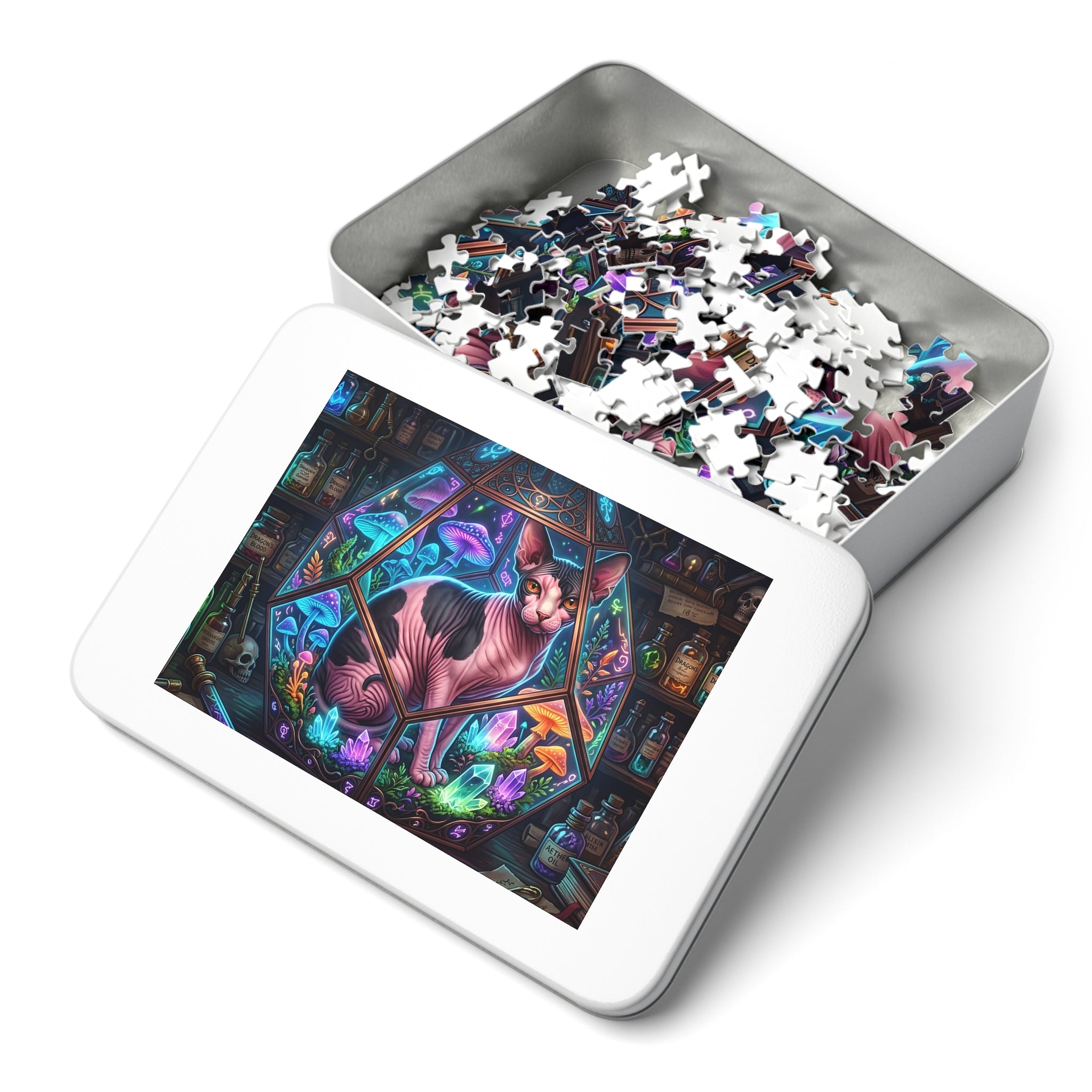 Pink and Black Calico Sphynx Terrarium Magic Potions Jigsaw Puzzle