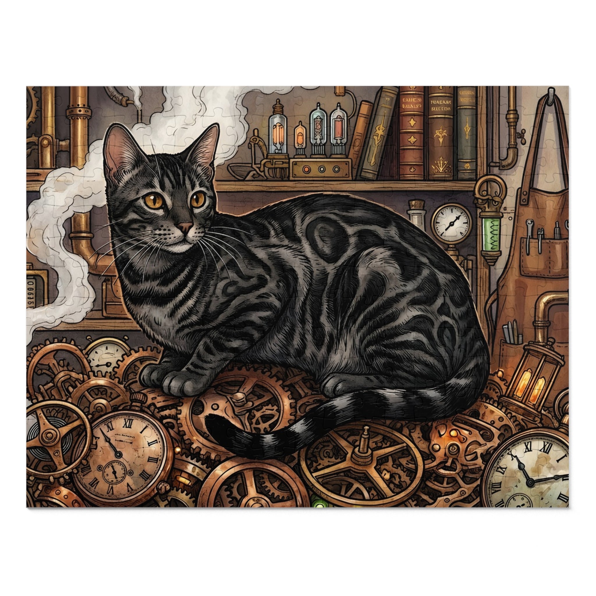 Charcoal Bengal Steampunk Clockwork Gears Jigsaw Puzzle