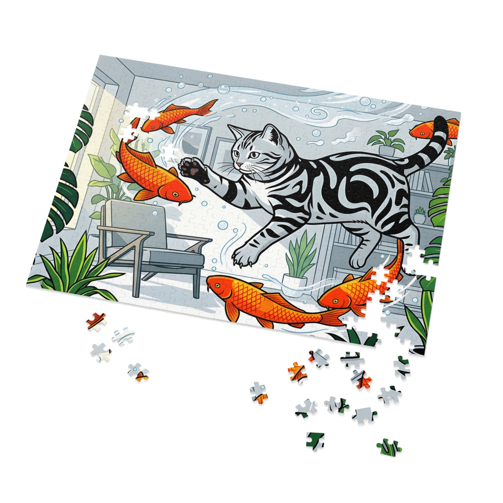 Silver Tabby American Shorthair Flying Goldfish Room Jigsaw Puzzle