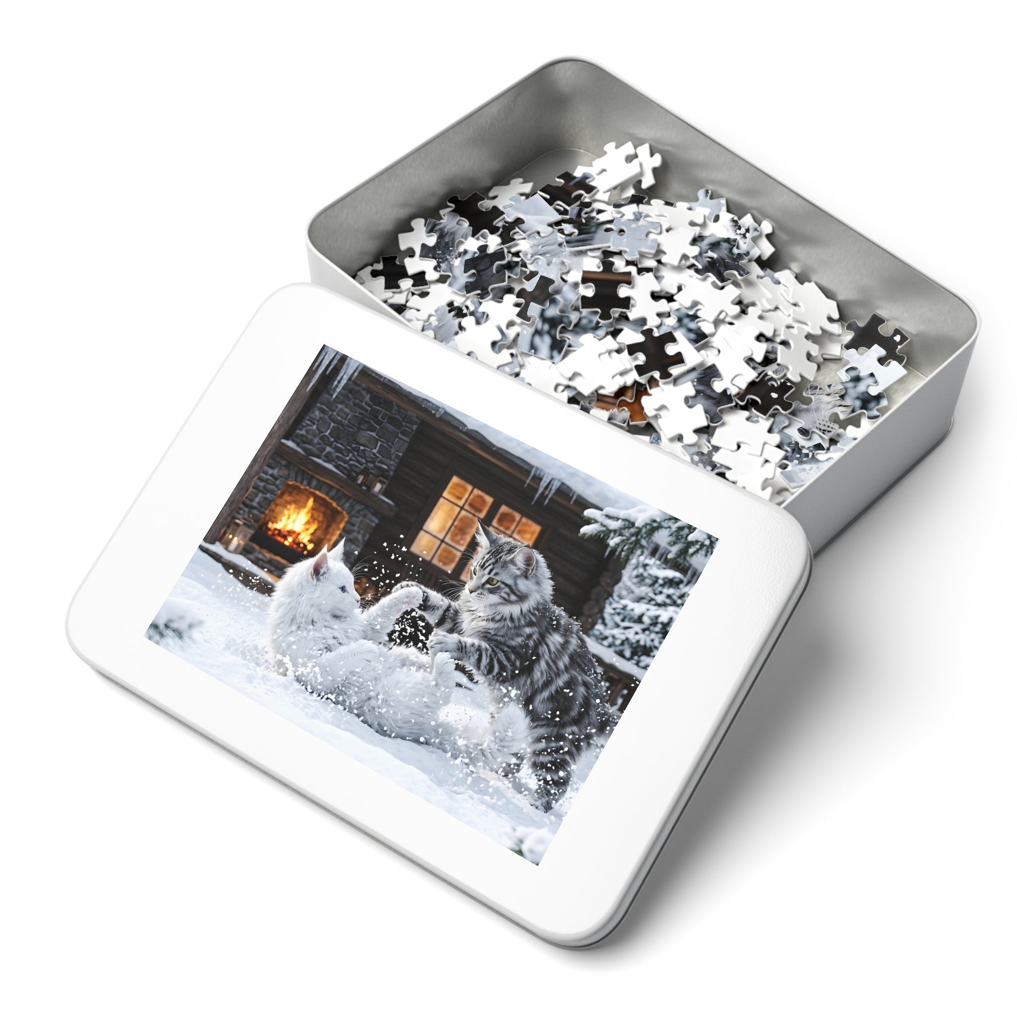 Maine Coon Kittens Playing Snow Winter Cabin Jigsaw Puzzle