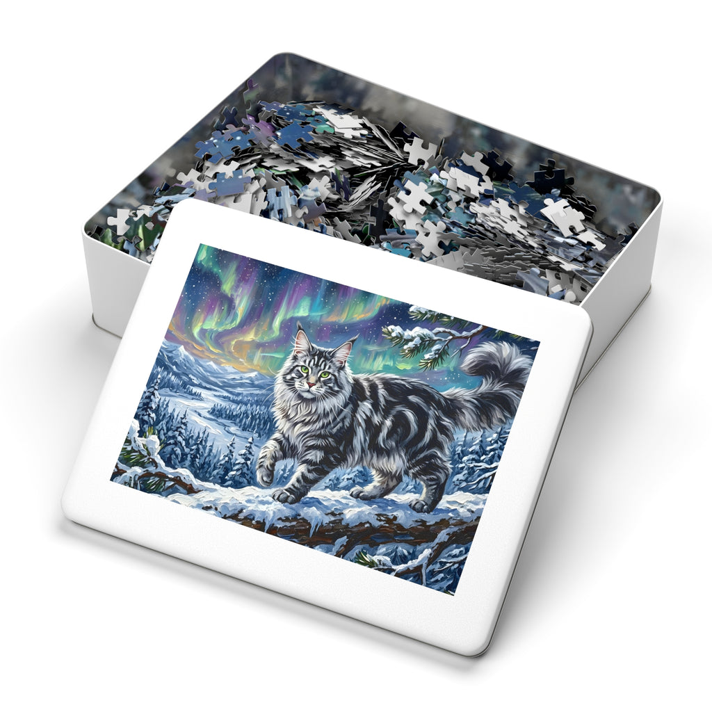 Silver Tabby Maine Coon Northern Lights Snowy Winter Jigsaw Puzzle