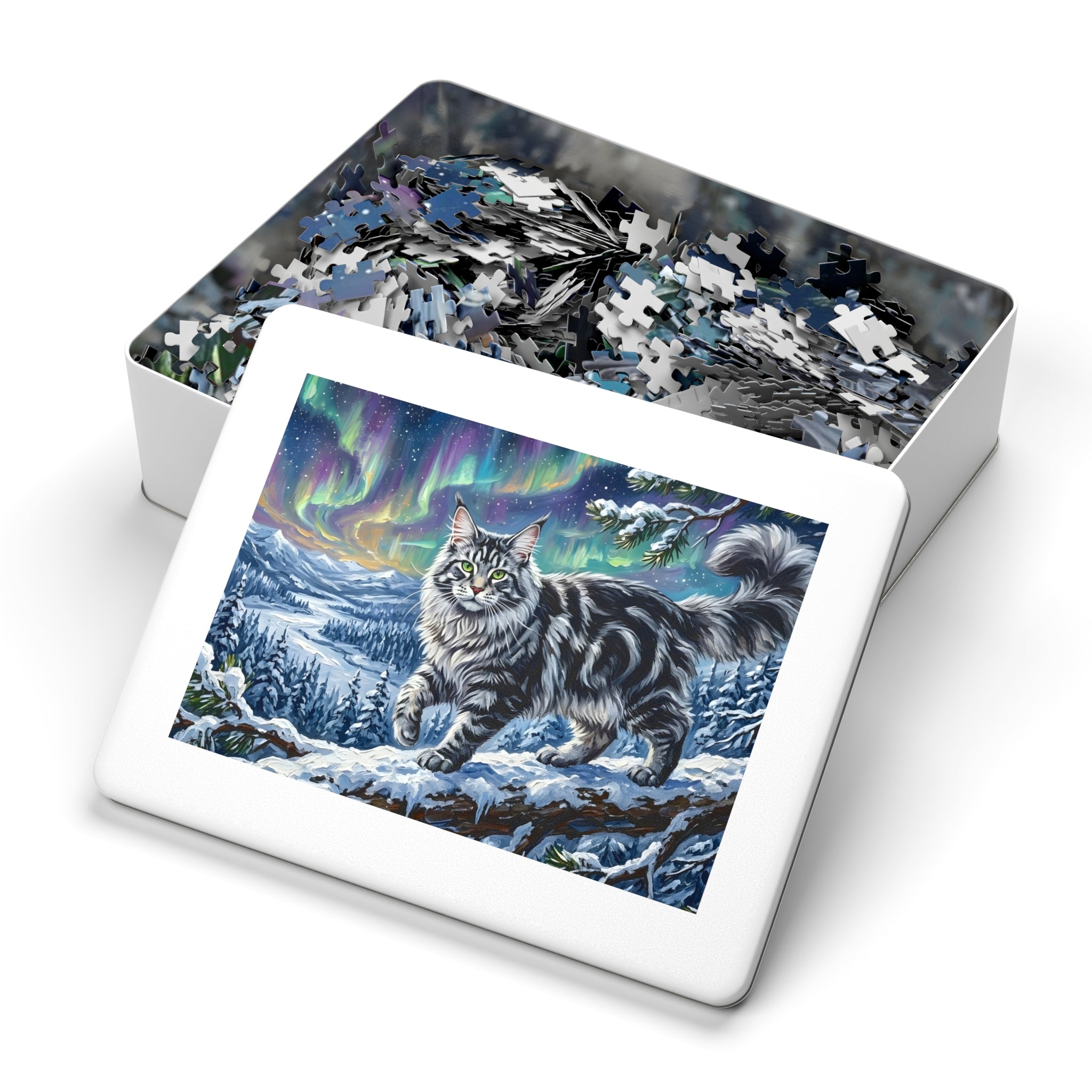 Silver Tabby Maine Coon Northern Lights Snowy Winter Jigsaw Puzzle