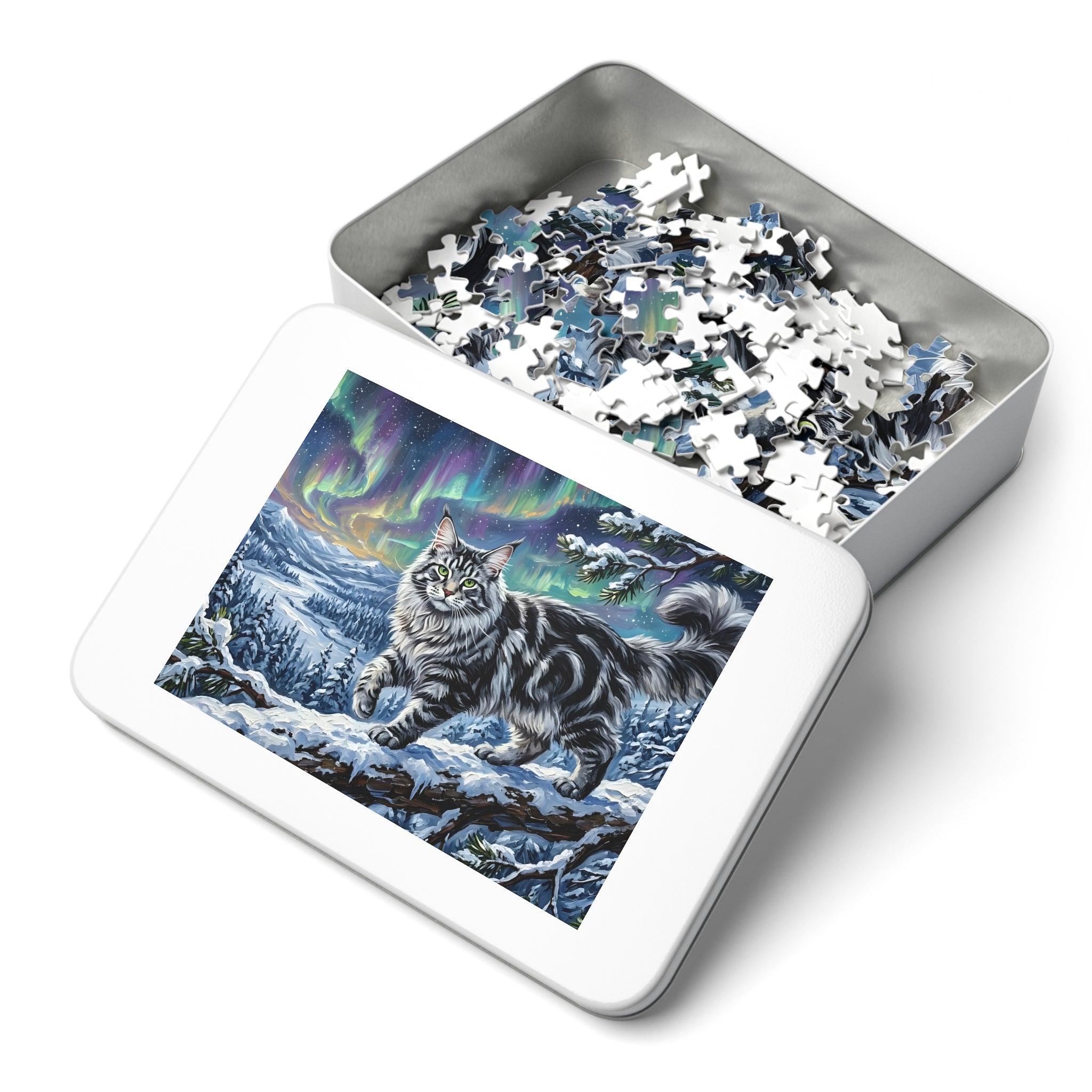 Silver Tabby Maine Coon Northern Lights Snowy Winter Jigsaw Puzzle