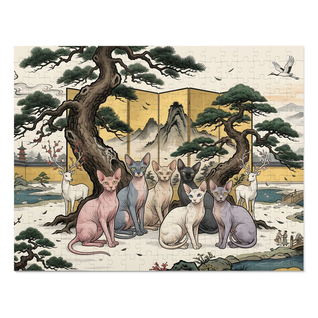 Sphynx Cat Japanese Gold Screen Pine Tree Jigsaw Puzzle