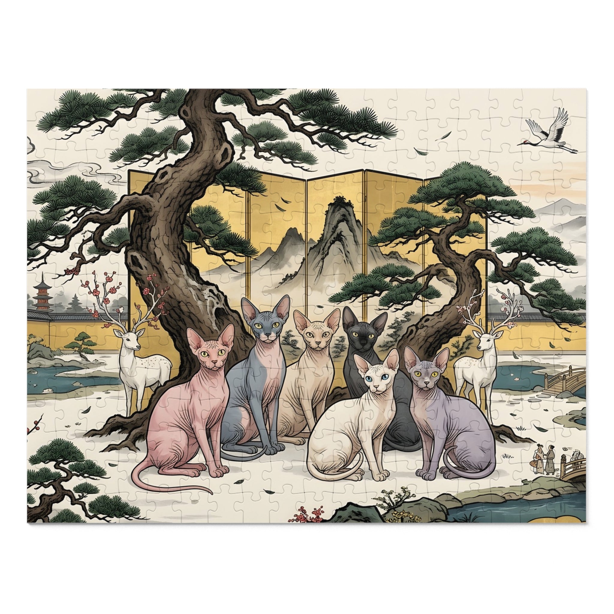 Sphynx Cat Japanese Gold Screen Pine Tree Jigsaw Puzzle