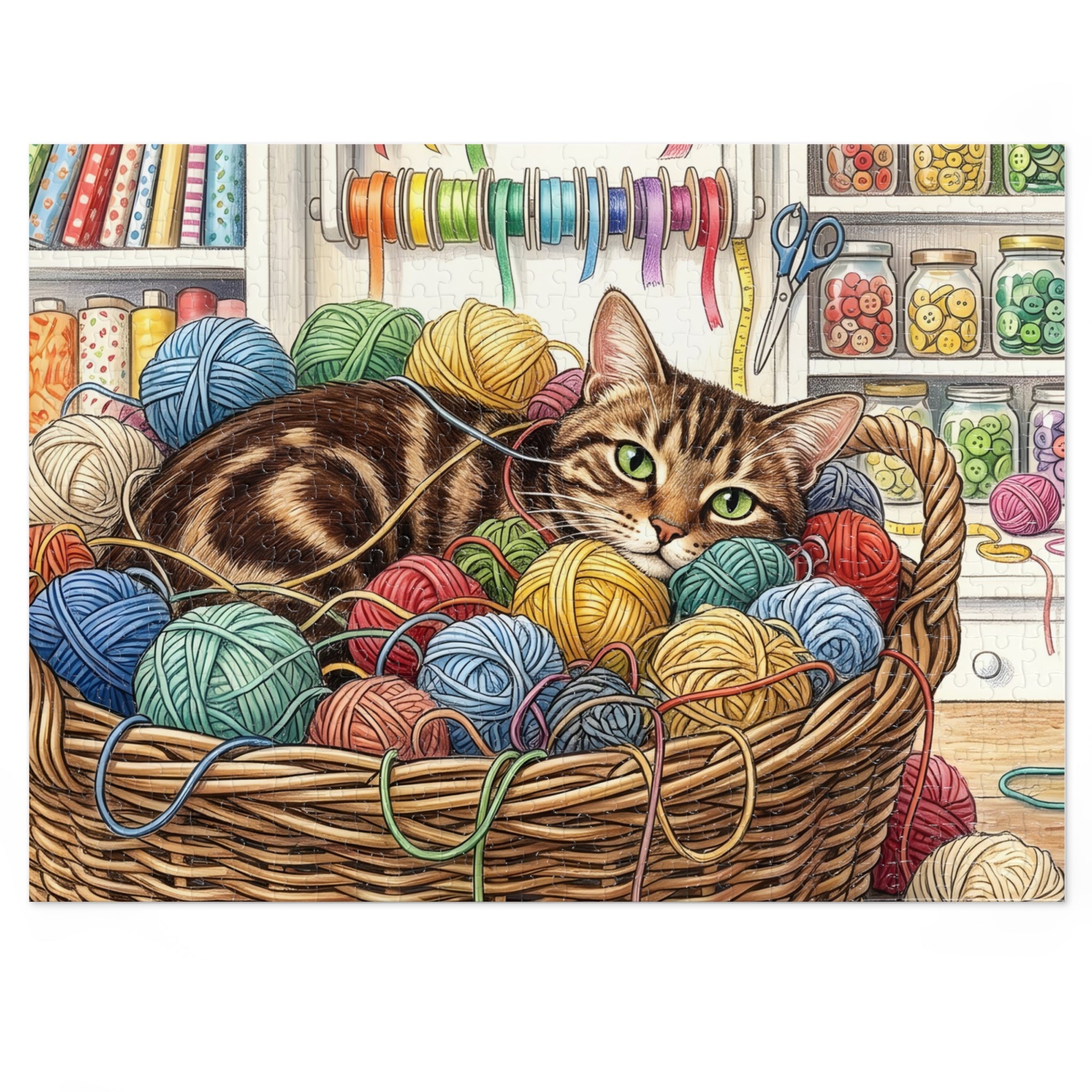 Brown Tabby American Shorthair Yarn Basket Craft Room Jigsaw Puzzle