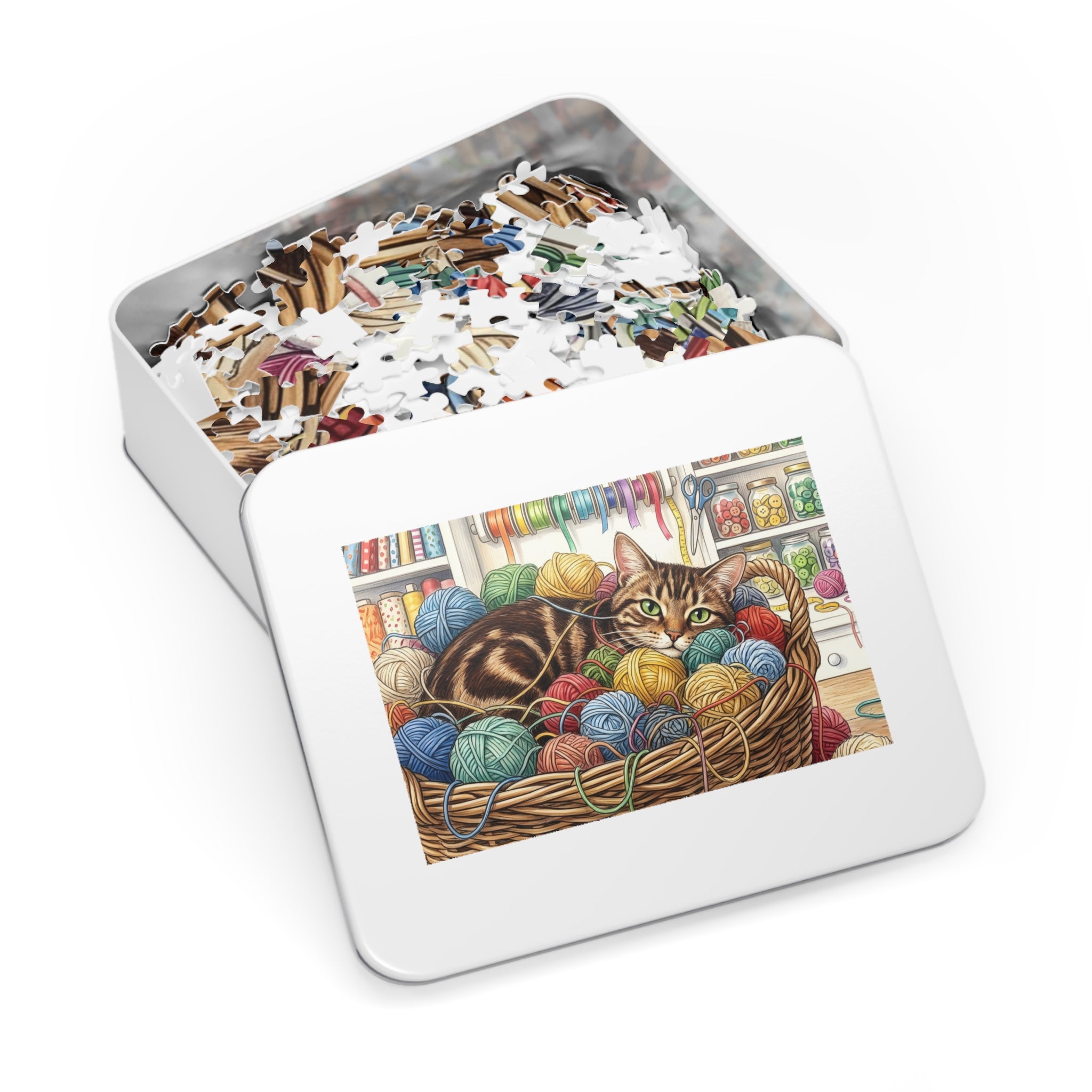 Brown Tabby American Shorthair Yarn Basket Craft Room Jigsaw Puzzle