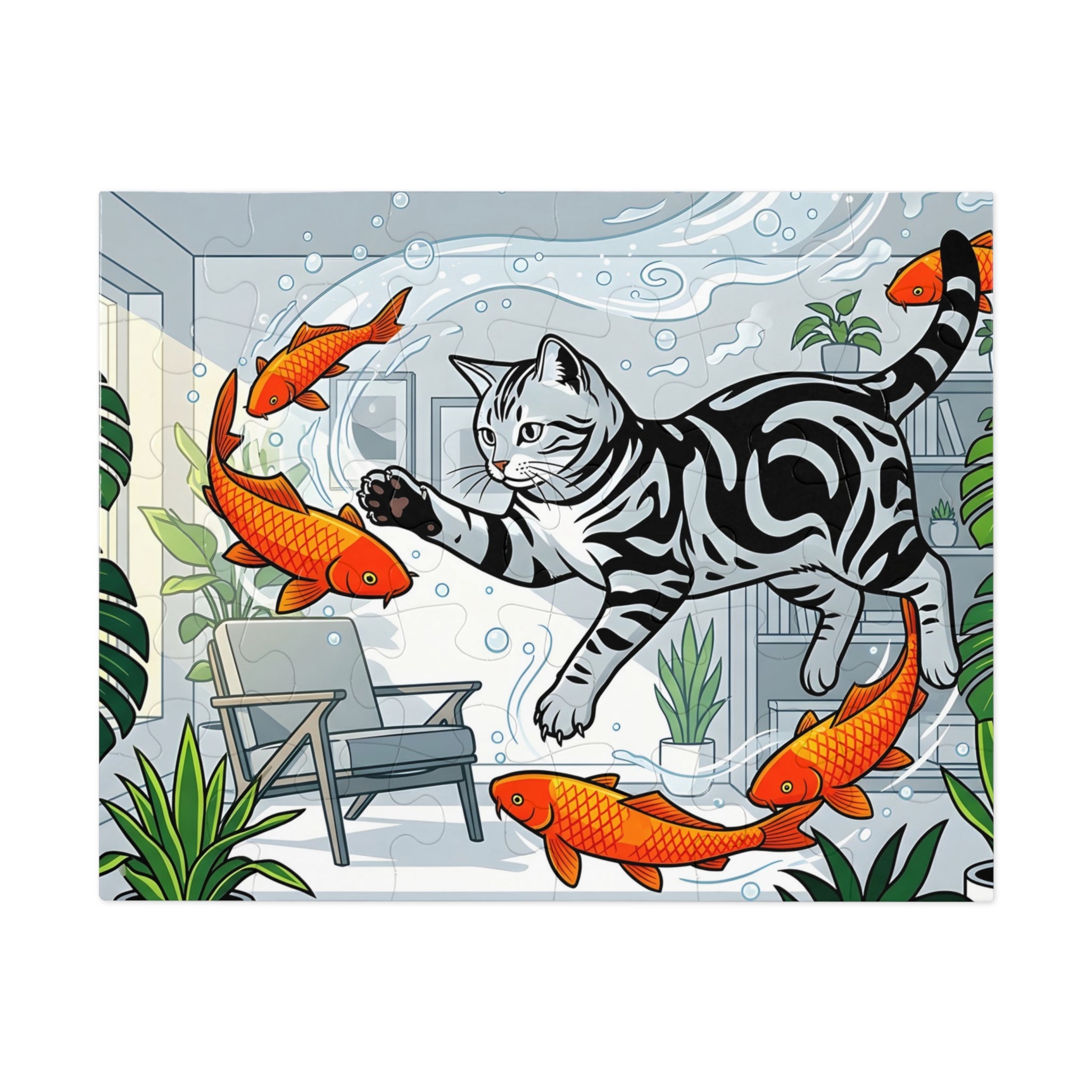 Silver Tabby American Shorthair Flying Goldfish Room Jigsaw Puzzle