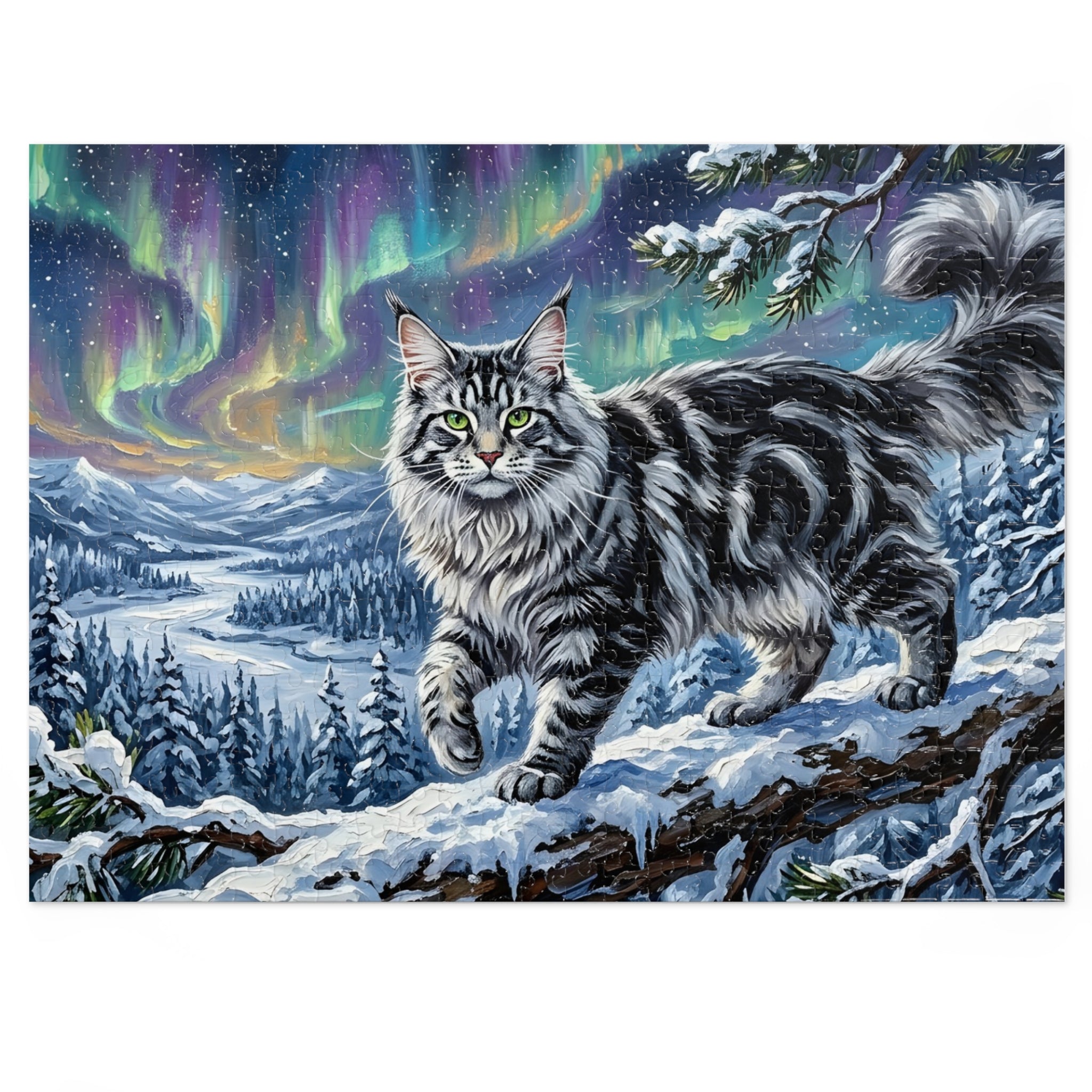 Silver Tabby Maine Coon Northern Lights Snowy Winter Jigsaw Puzzle