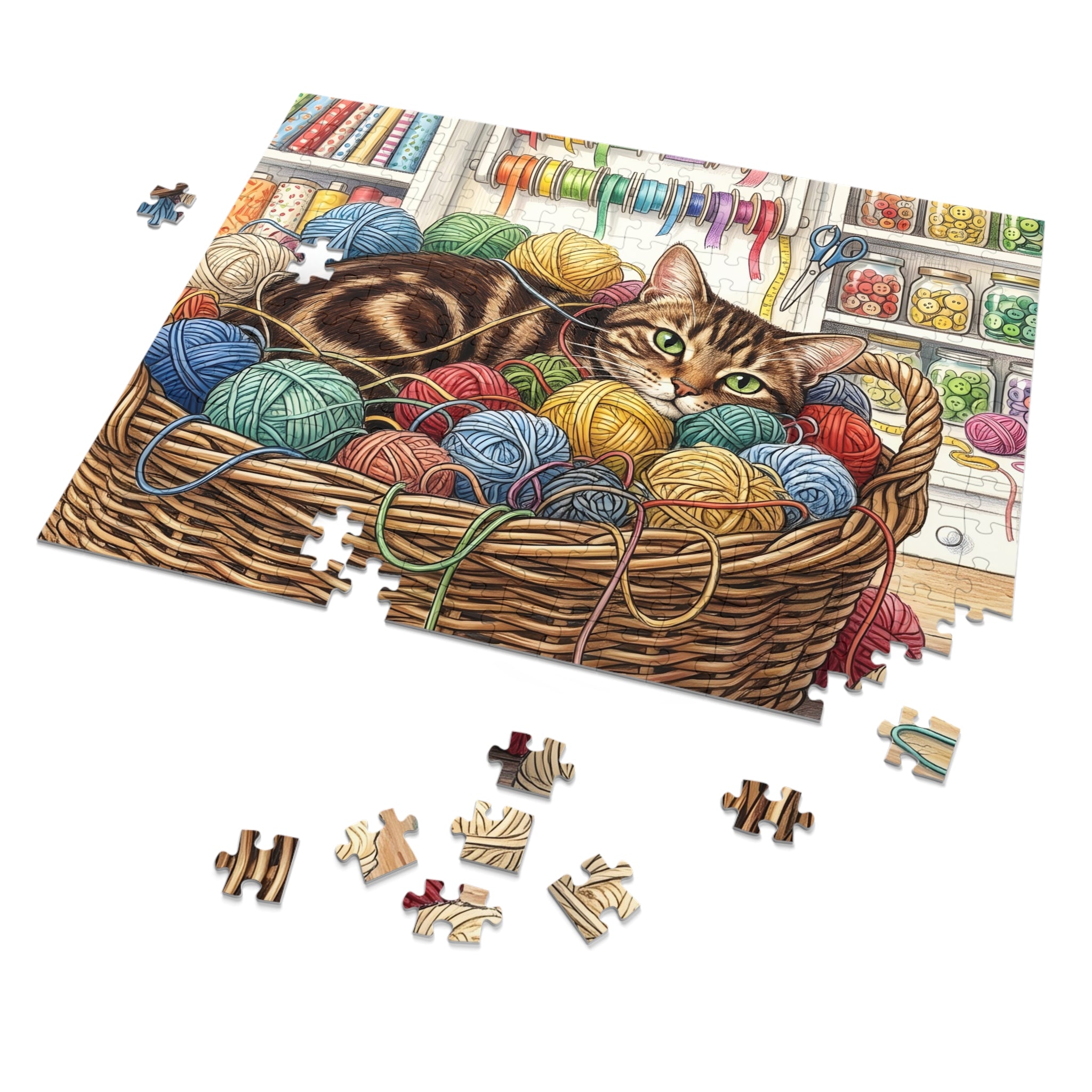 Brown Tabby American Shorthair Yarn Basket Craft Room Jigsaw Puzzle