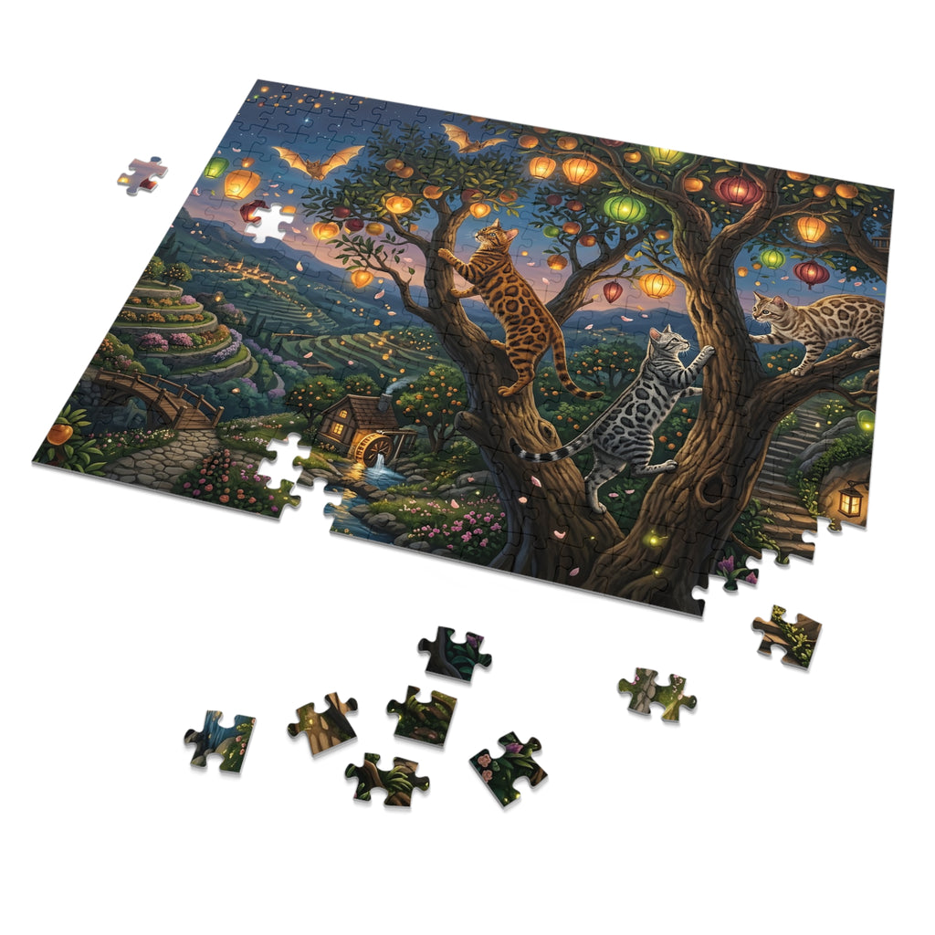 Bengal Cat Glowing Lantern Tree Orchard Twilight Jigsaw Puzzle