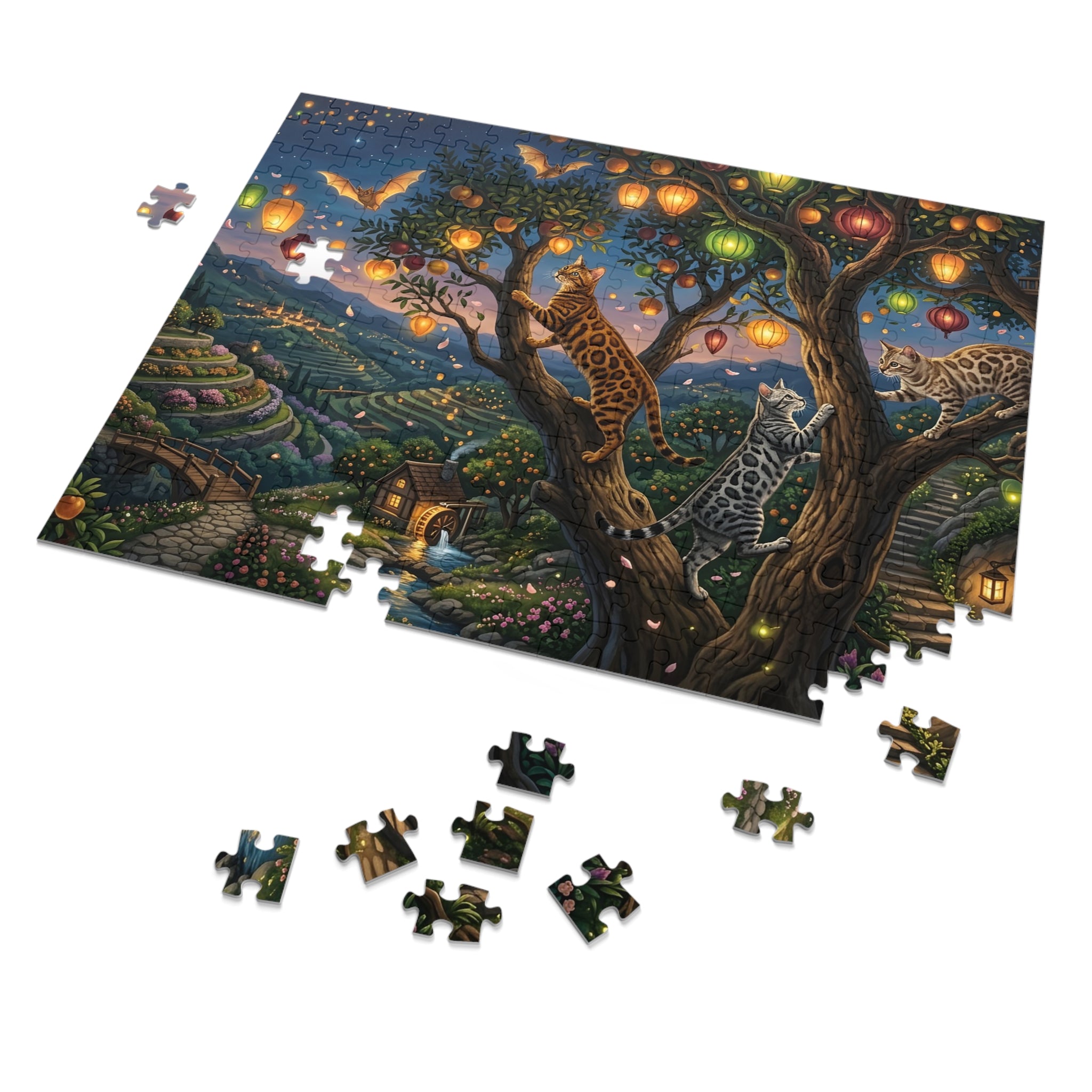 Bengal Cat Glowing Lantern Tree Orchard Twilight Jigsaw Puzzle