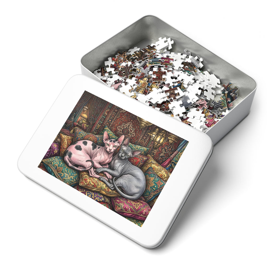 Pink Calico and Grey Sphynx Moroccan Lounge Pillows Jigsaw Puzzle