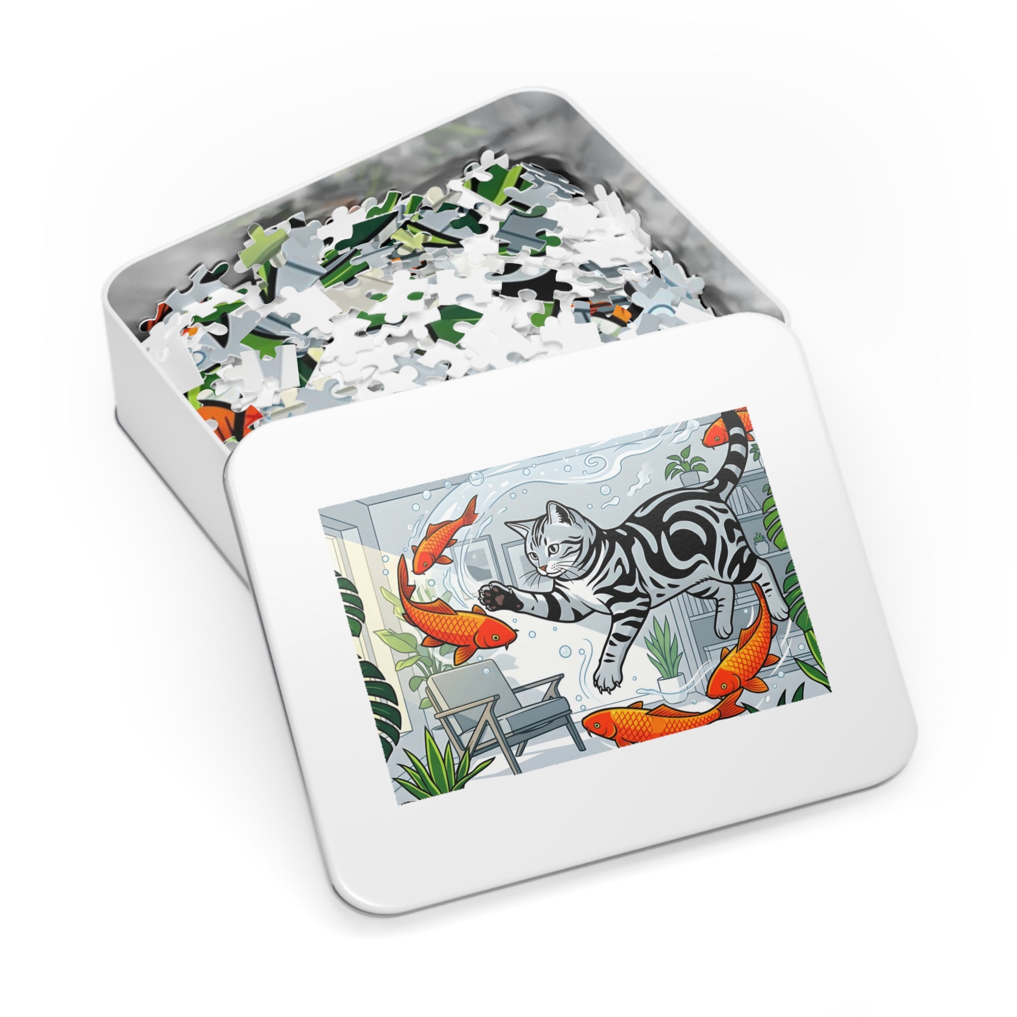 Silver Tabby American Shorthair Flying Goldfish Room Jigsaw Puzzle
