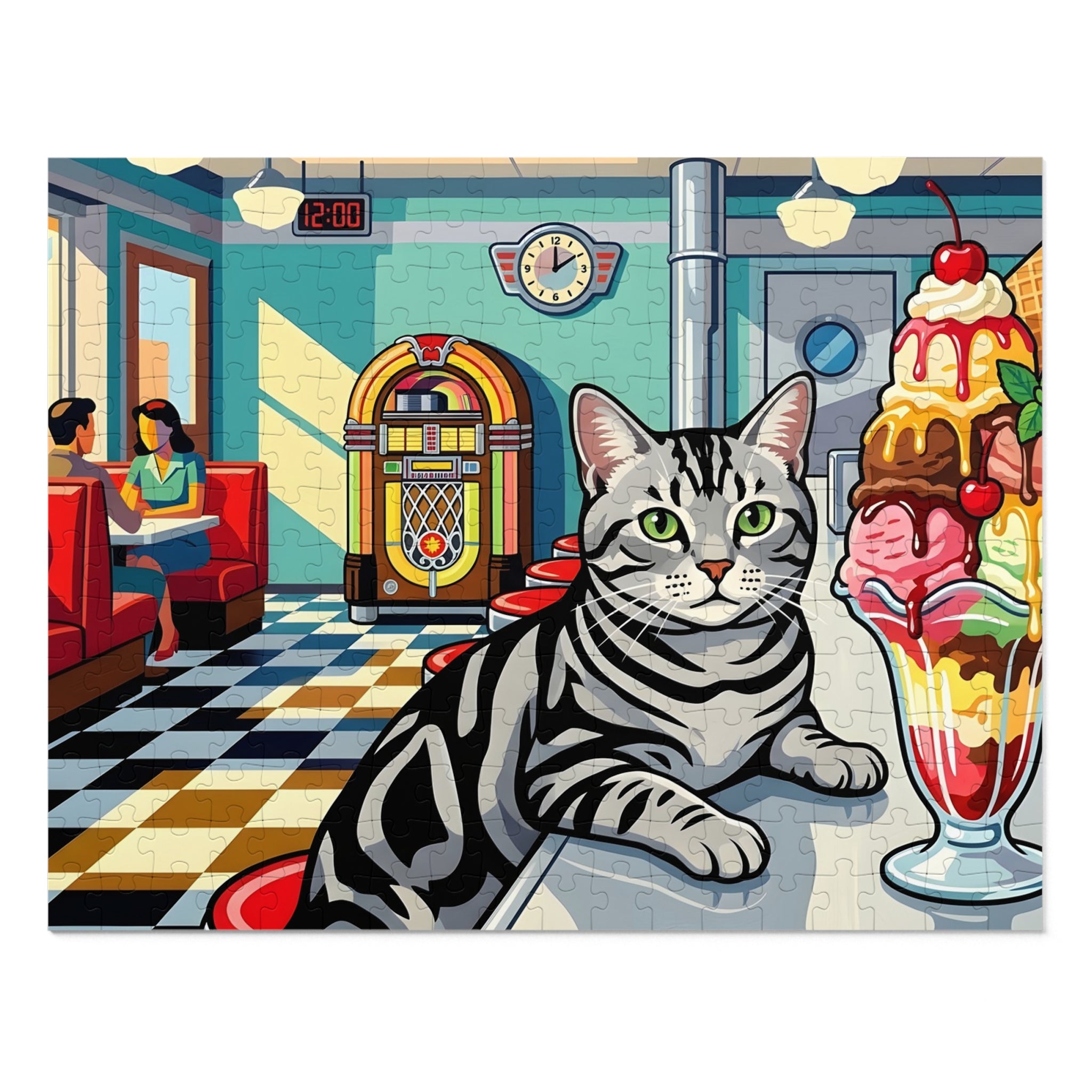 Silver Tabby American Shorthair 50s Diner Ice Cream Sundae Jigsaw Puzzle