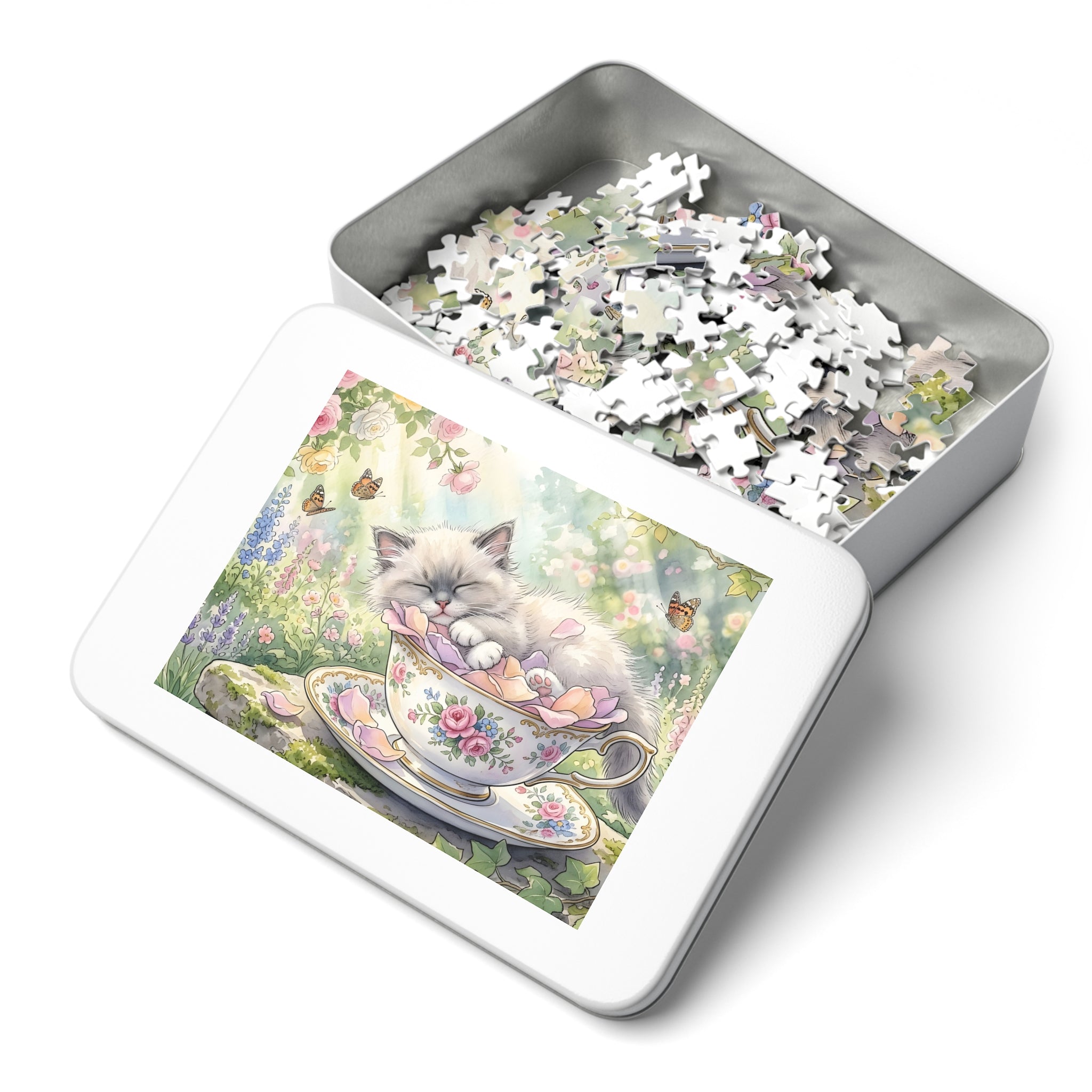 Blue Point Ragdoll Kitten Floral Teacup Garden Jigsaw Puzzle