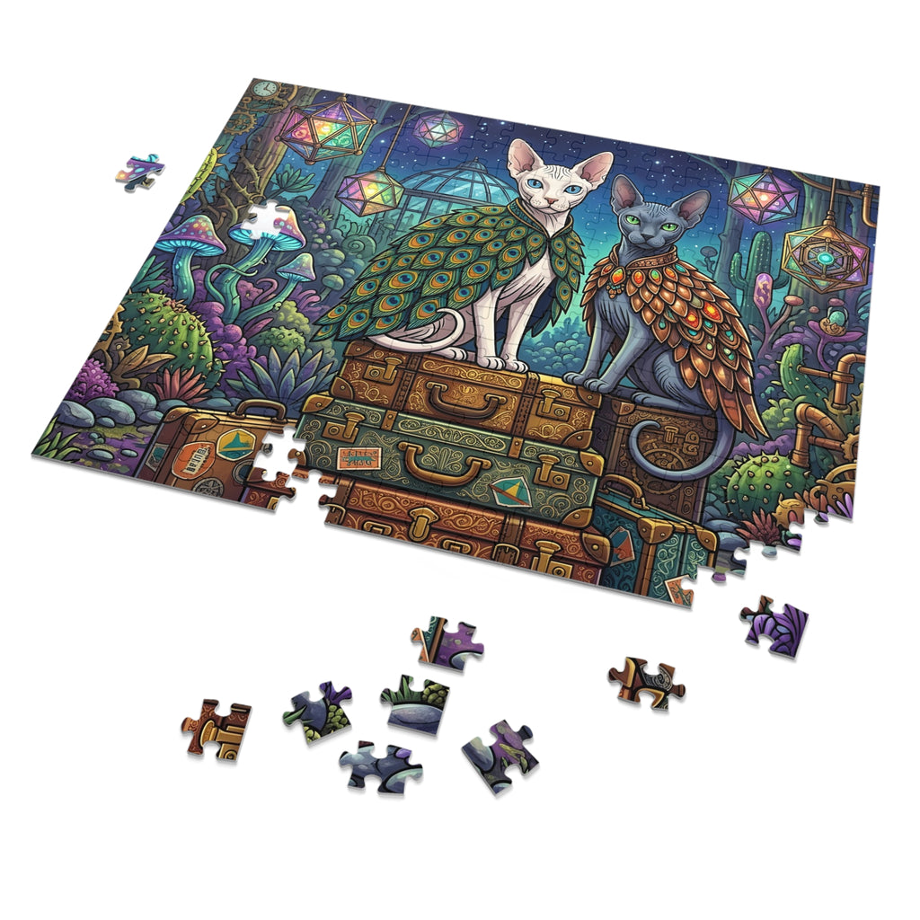 White and Grey Sphynx Peacock Feather Capes Suitcases Jigsaw Puzzle