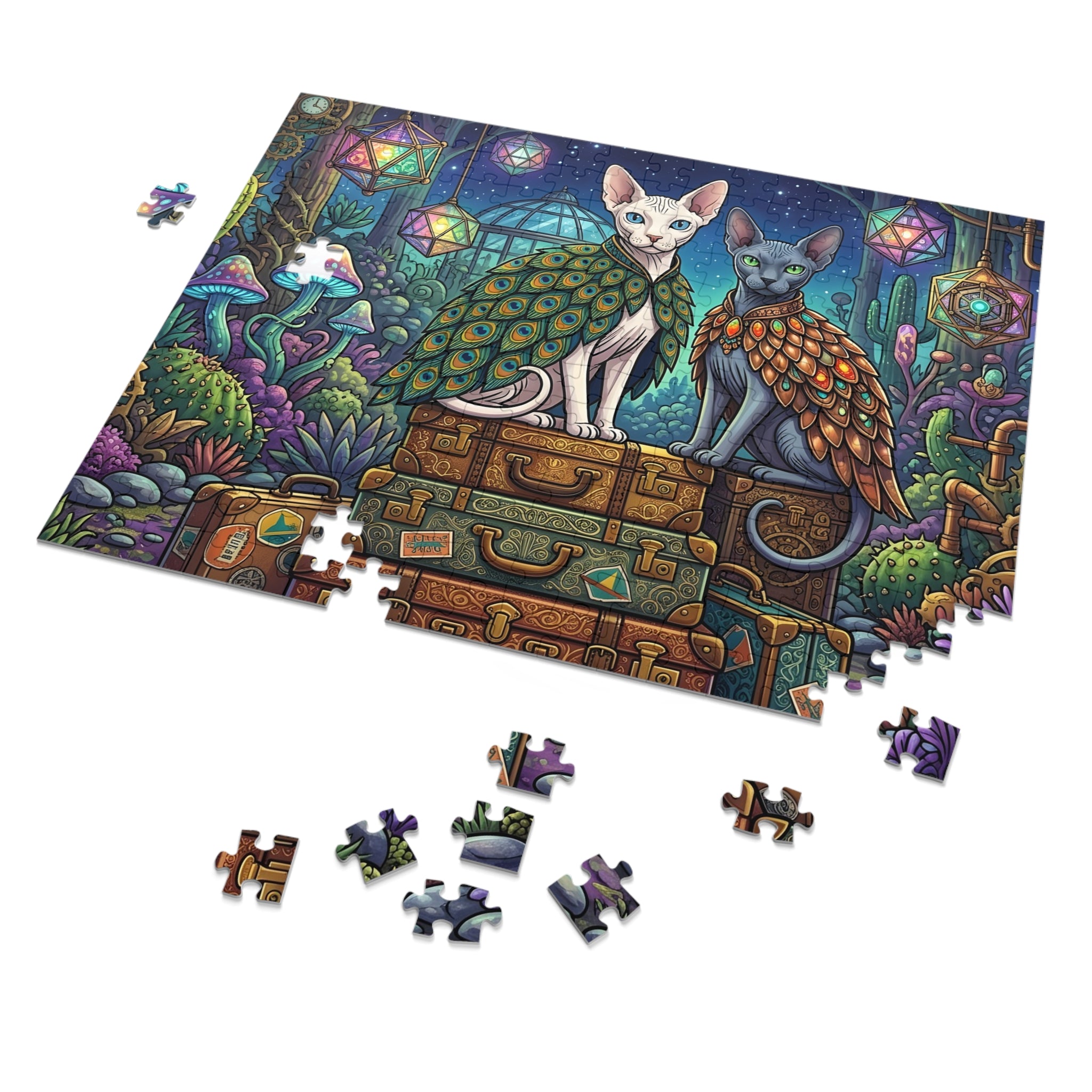 White and Grey Sphynx Peacock Feather Capes Suitcases Jigsaw Puzzle