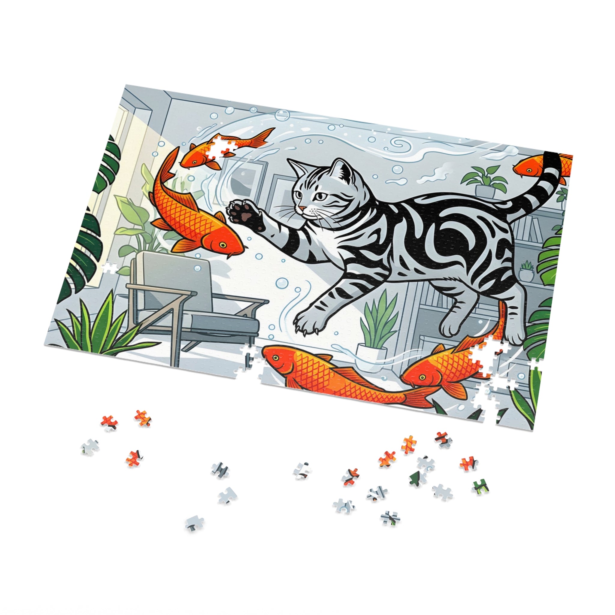 Silver Tabby American Shorthair Flying Goldfish Room Jigsaw Puzzle