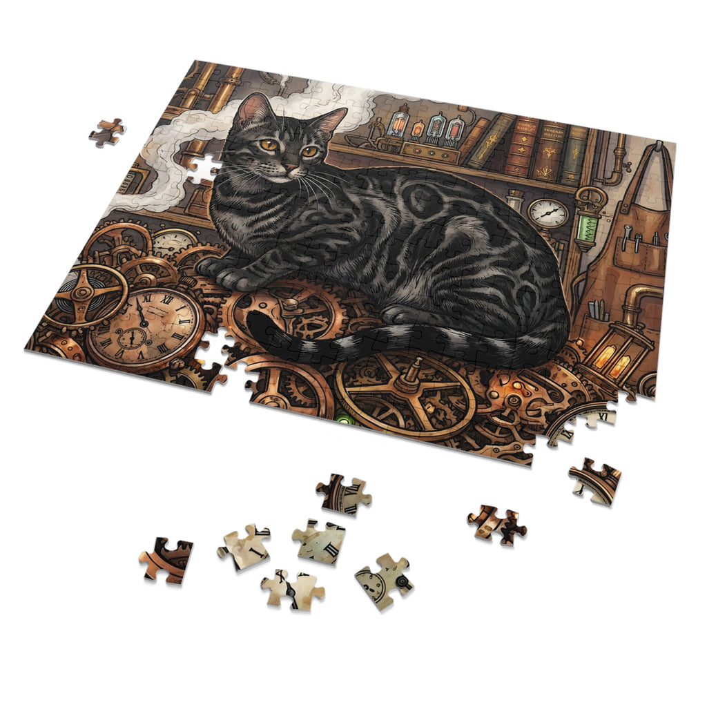 Charcoal Bengal Steampunk Clockwork Gears Jigsaw Puzzle