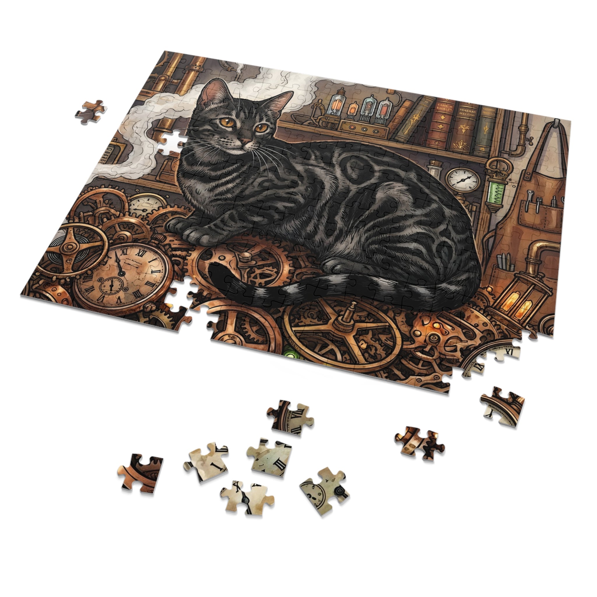 Charcoal Bengal Steampunk Clockwork Gears Jigsaw Puzzle