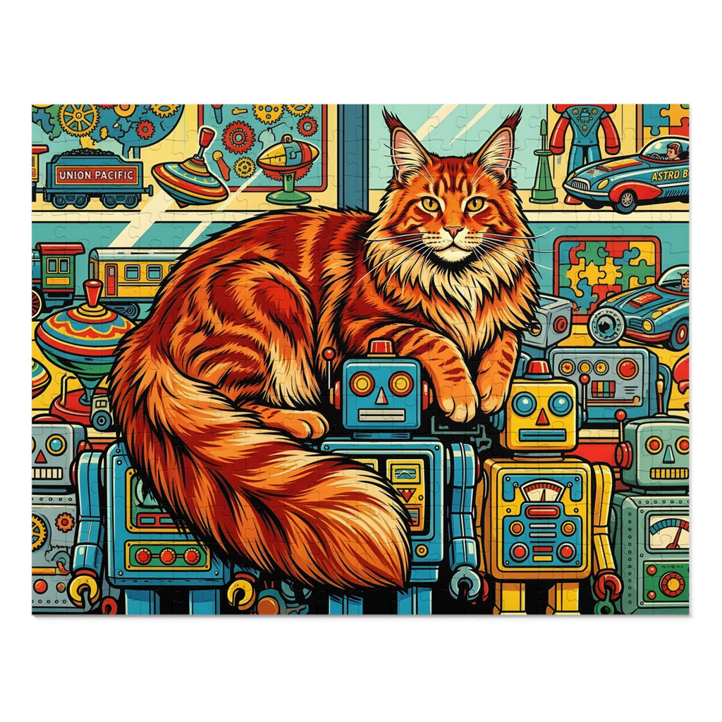 Orange Tabby Maine Coon Vintage Robots Toy Store Jigsaw Puzzle