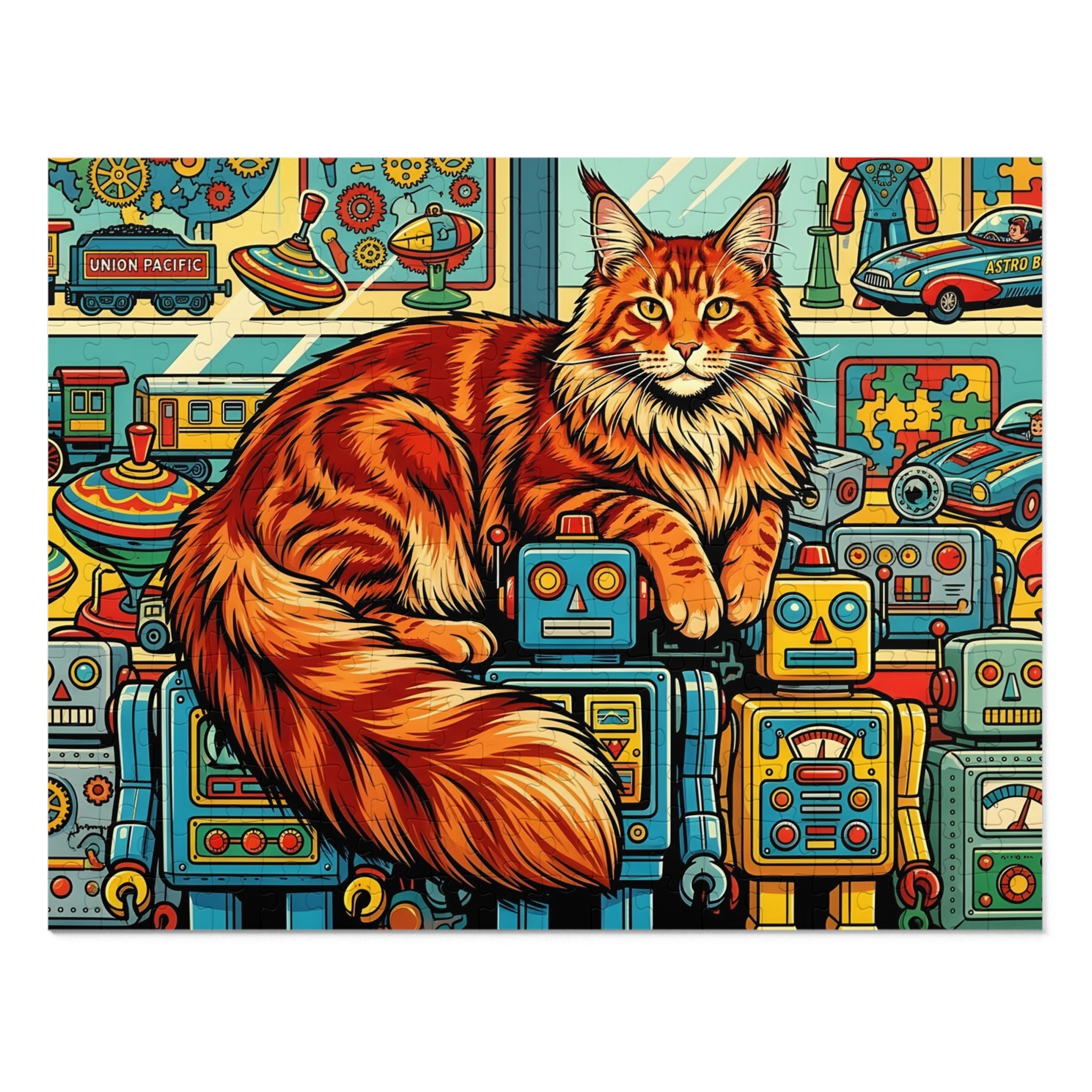Orange Tabby Maine Coon Vintage Robots Toy Store Jigsaw Puzzle