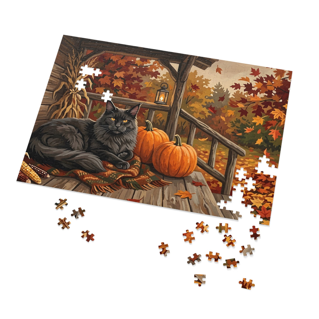 Black Maine Coon Autumn Porch Pumpkins Jigsaw Puzzle