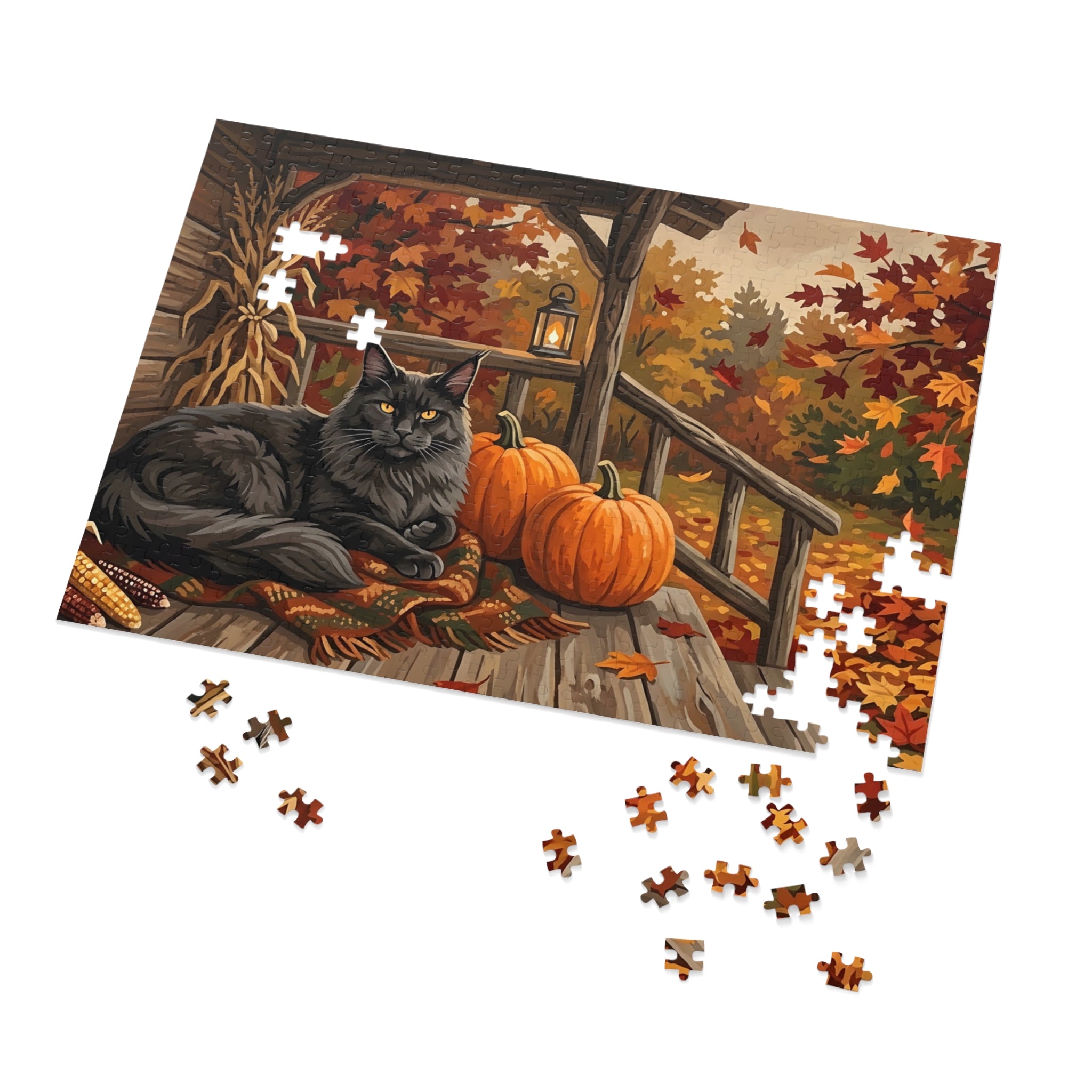 Black Maine Coon Autumn Porch Pumpkins Jigsaw Puzzle