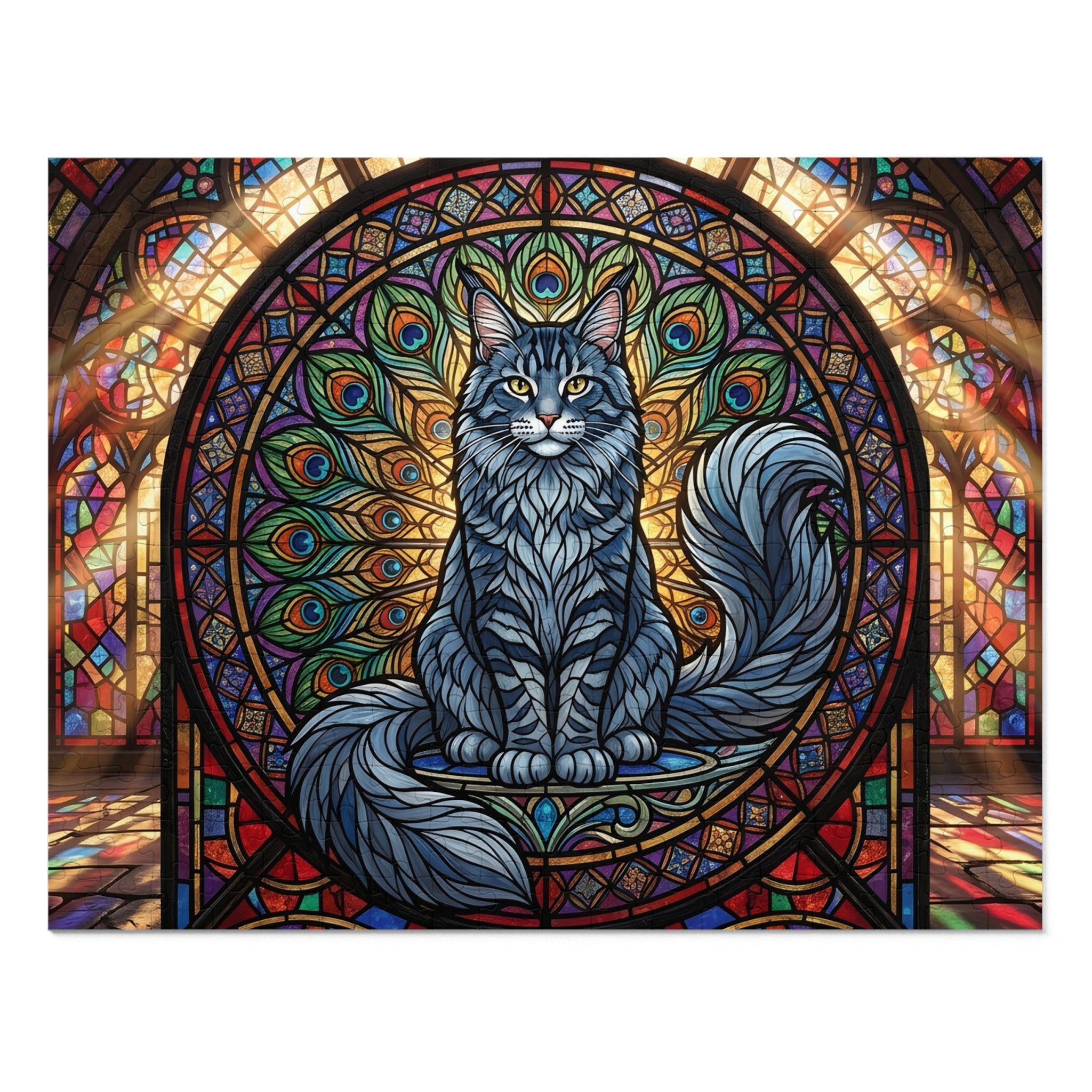 Tabby Maine Coon Stained Glass Peacock Window Jigsaw Puzzle