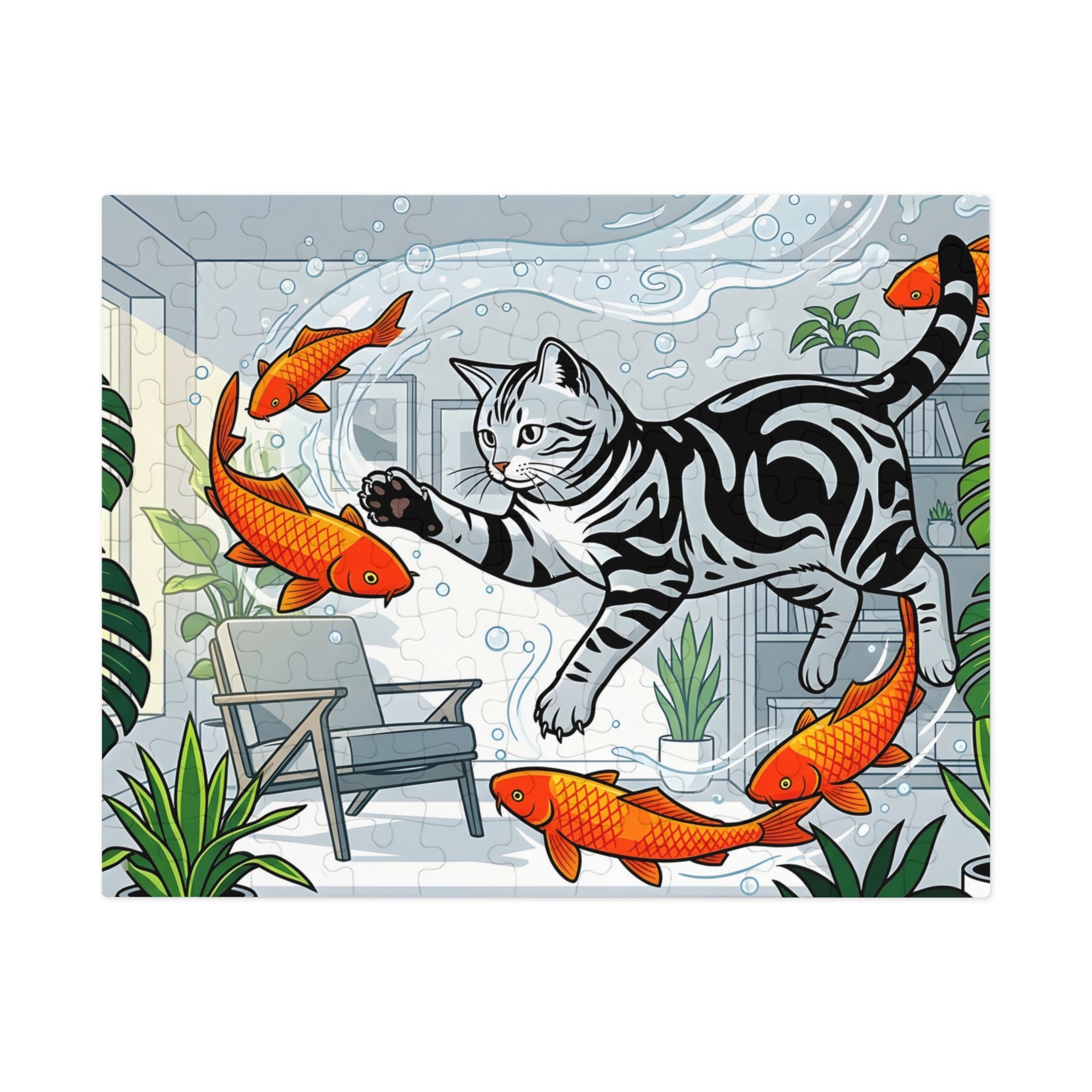 Silver Tabby American Shorthair Flying Goldfish Room Jigsaw Puzzle