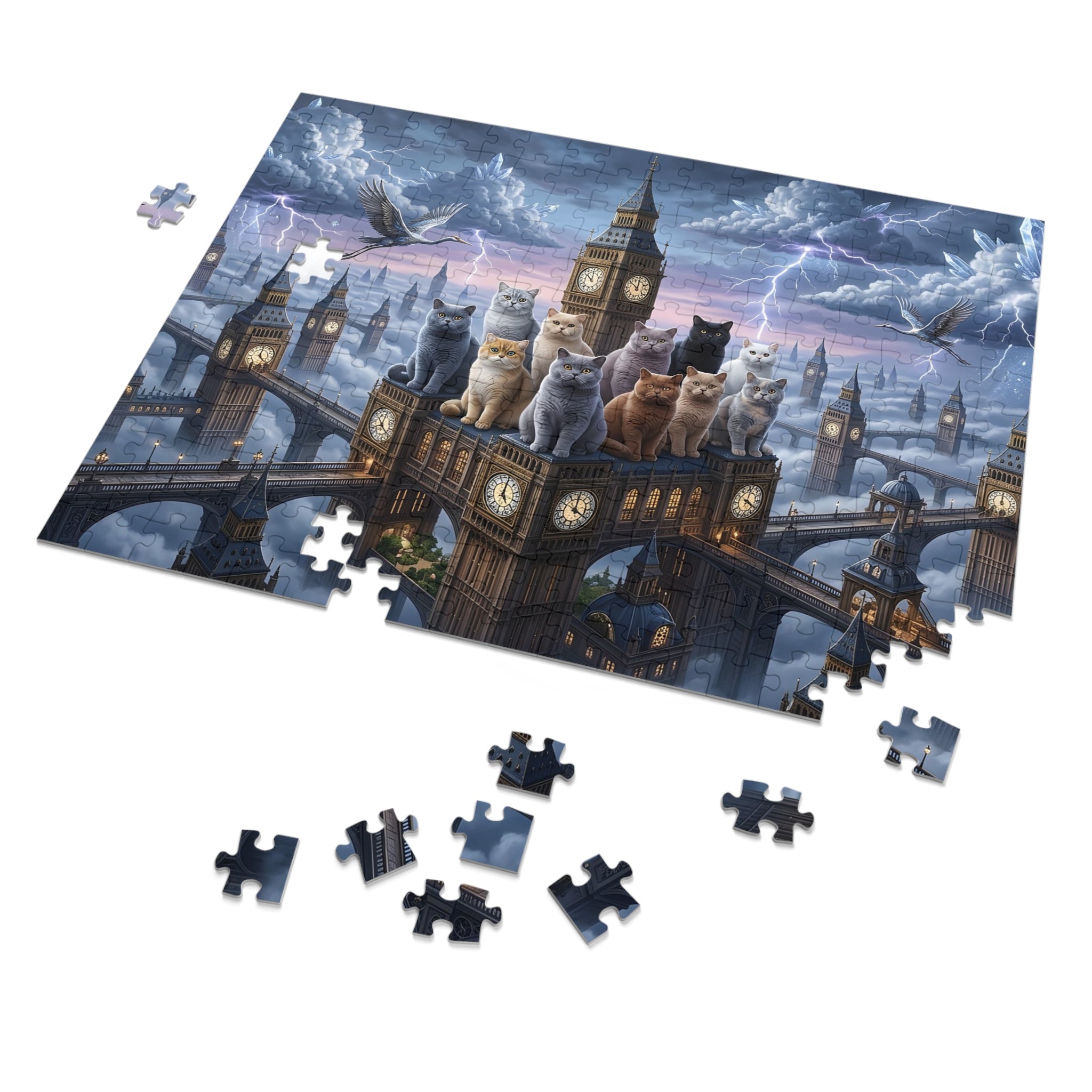British Shorthair Cat Clock Tower Sky Citadel Jigsaw Puzzle