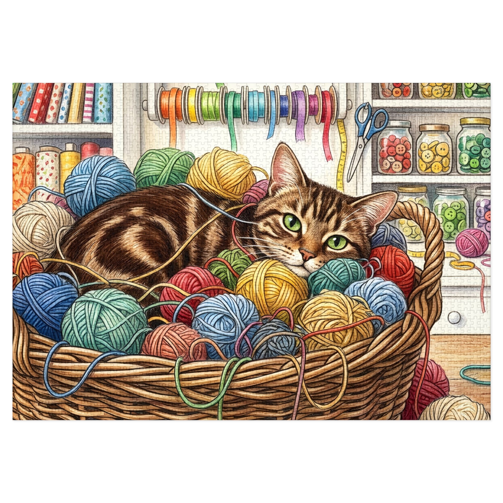 Brown Tabby American Shorthair Yarn Basket Craft Room Jigsaw Puzzle