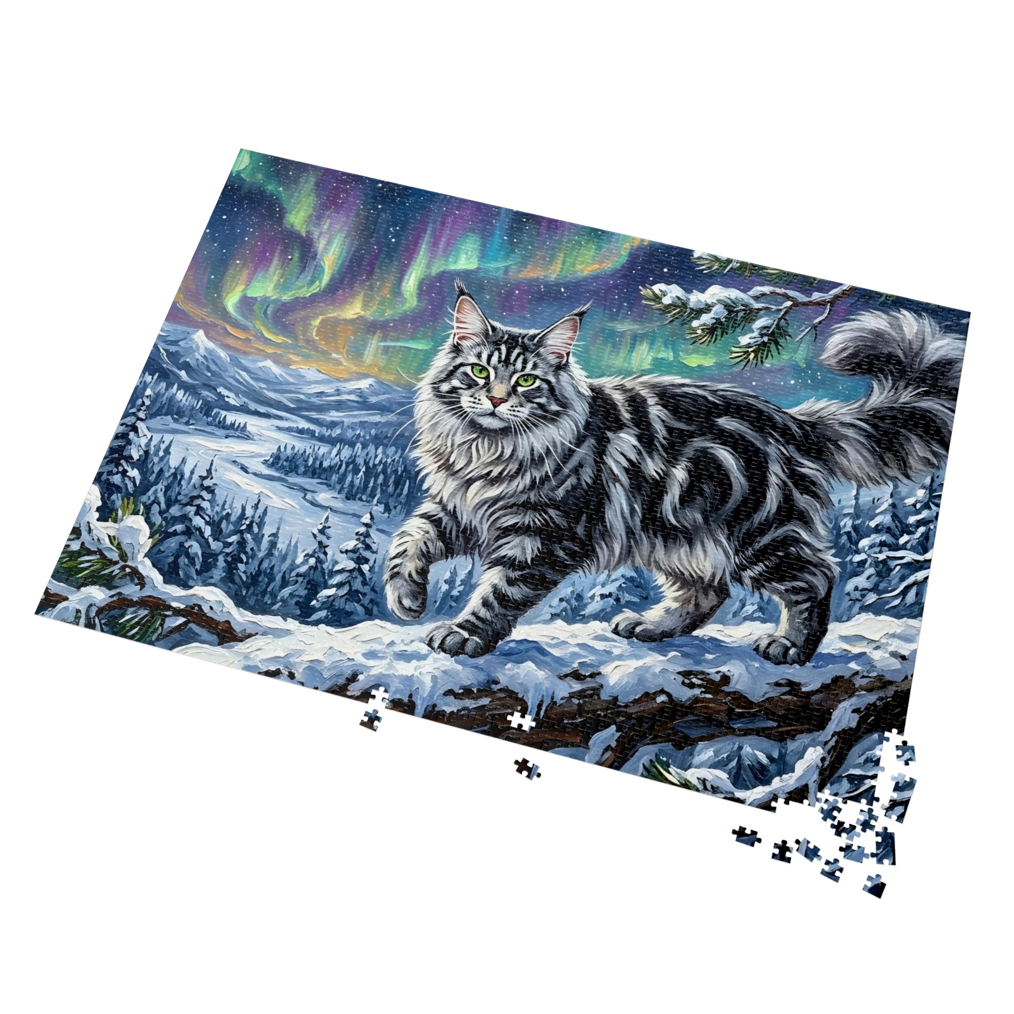 Silver Tabby Maine Coon Northern Lights Snowy Winter Jigsaw Puzzle