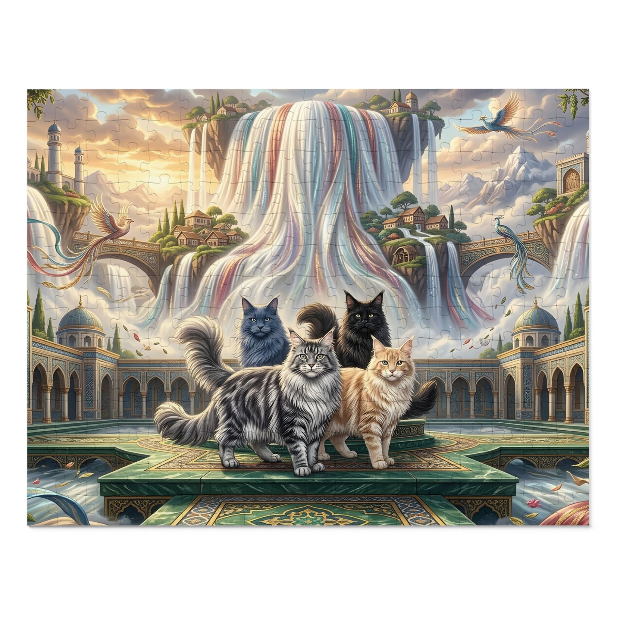 Maine Coon Cat Rainbow Waterfall Palace Phoenix Courtyard Jigsaw Puzzle