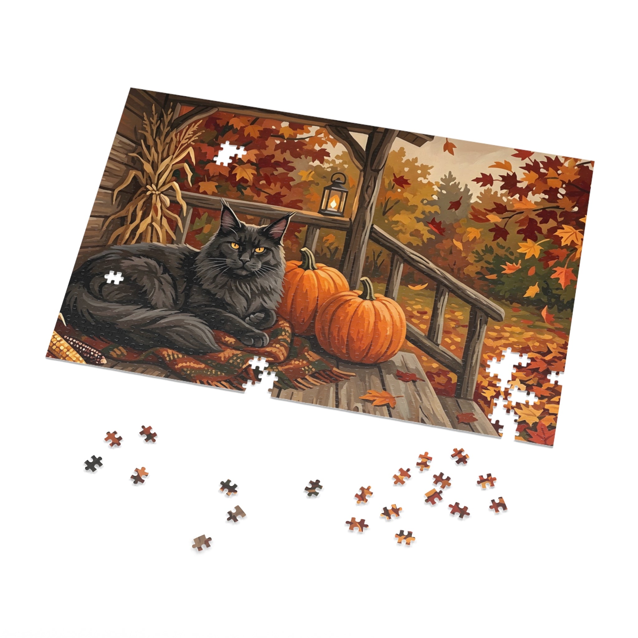 Black Maine Coon Autumn Porch Pumpkins Jigsaw Puzzle