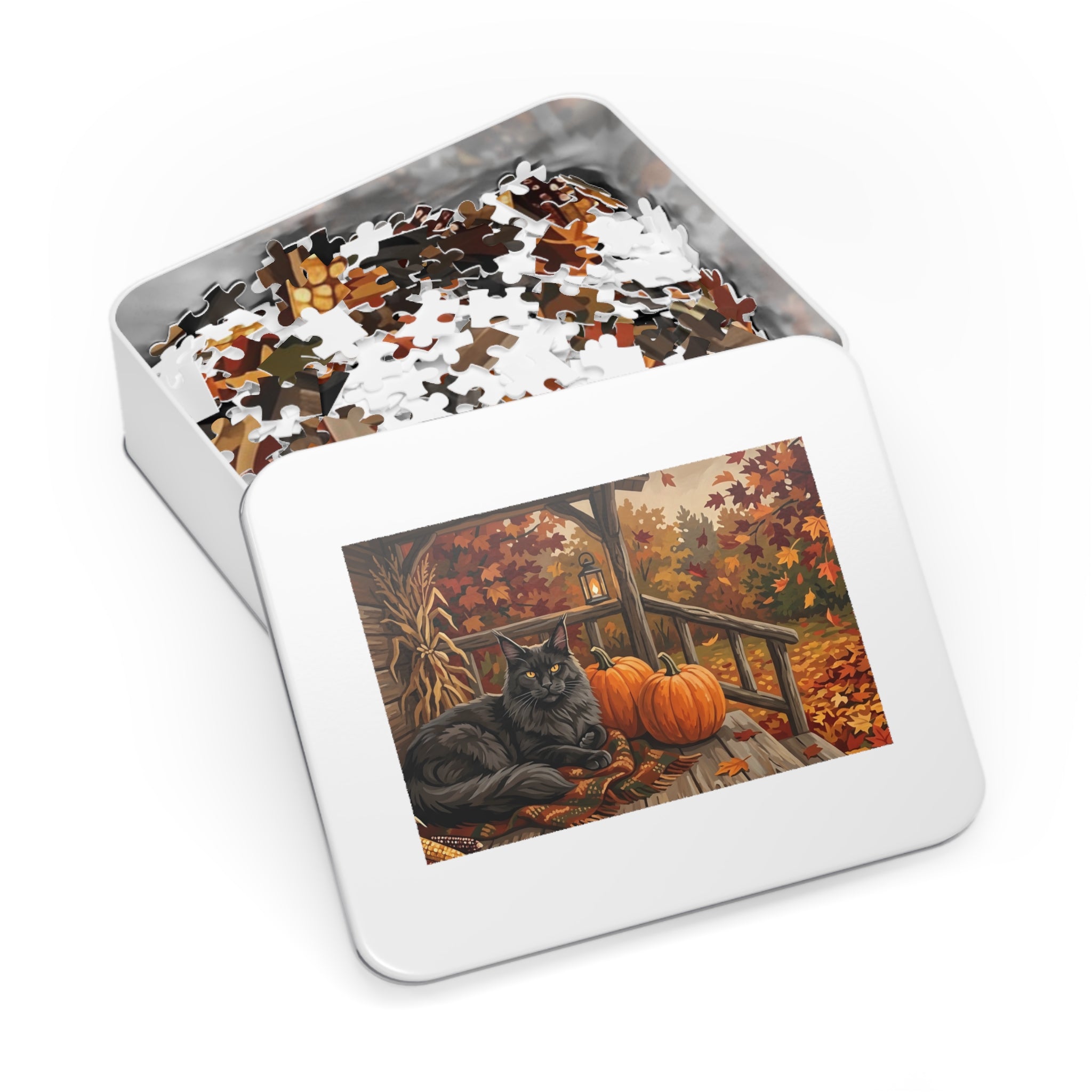Black Maine Coon Autumn Porch Pumpkins Jigsaw Puzzle