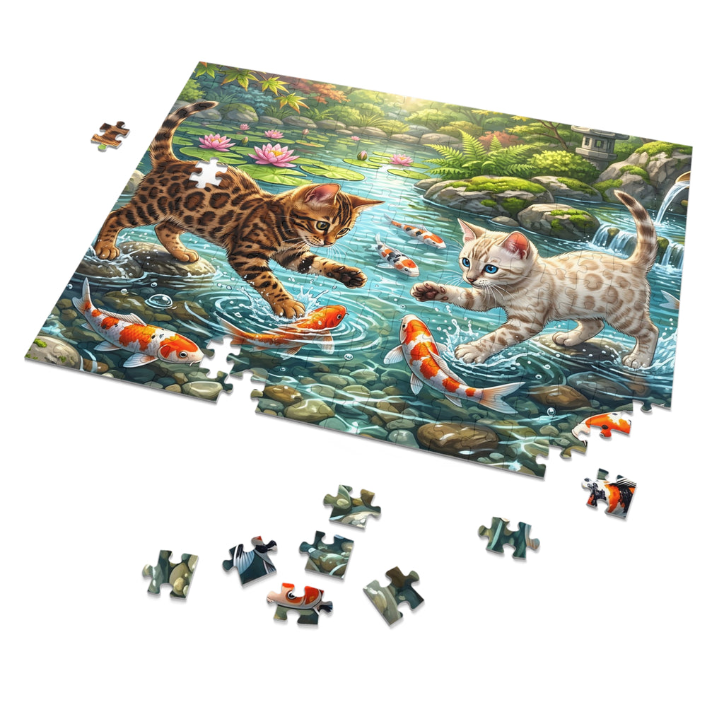 Brown and Snow Bengal Kittens Japanese Koi Pond Jigsaw Puzzle