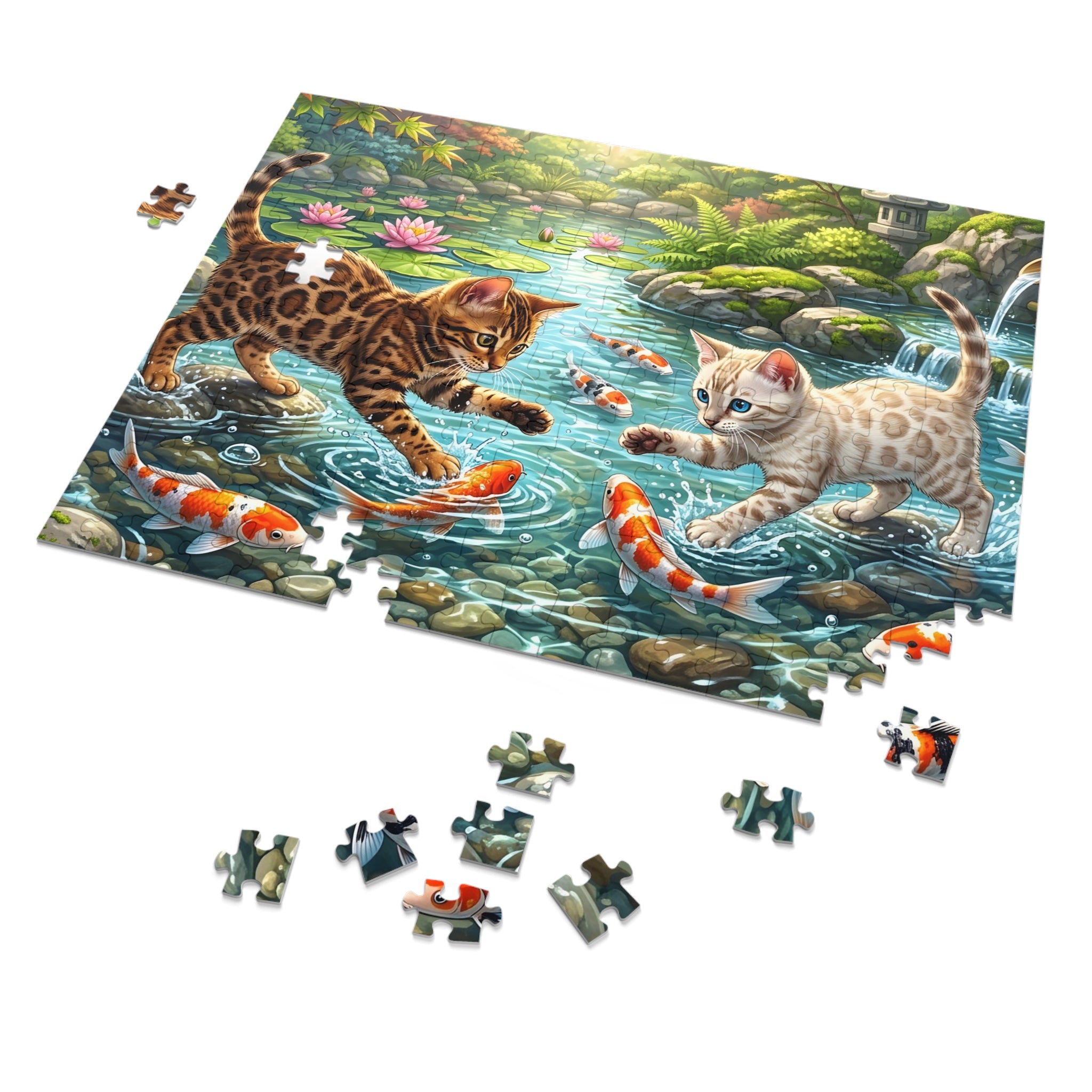 Brown and Snow Bengal Kittens Japanese Koi Pond Jigsaw Puzzle