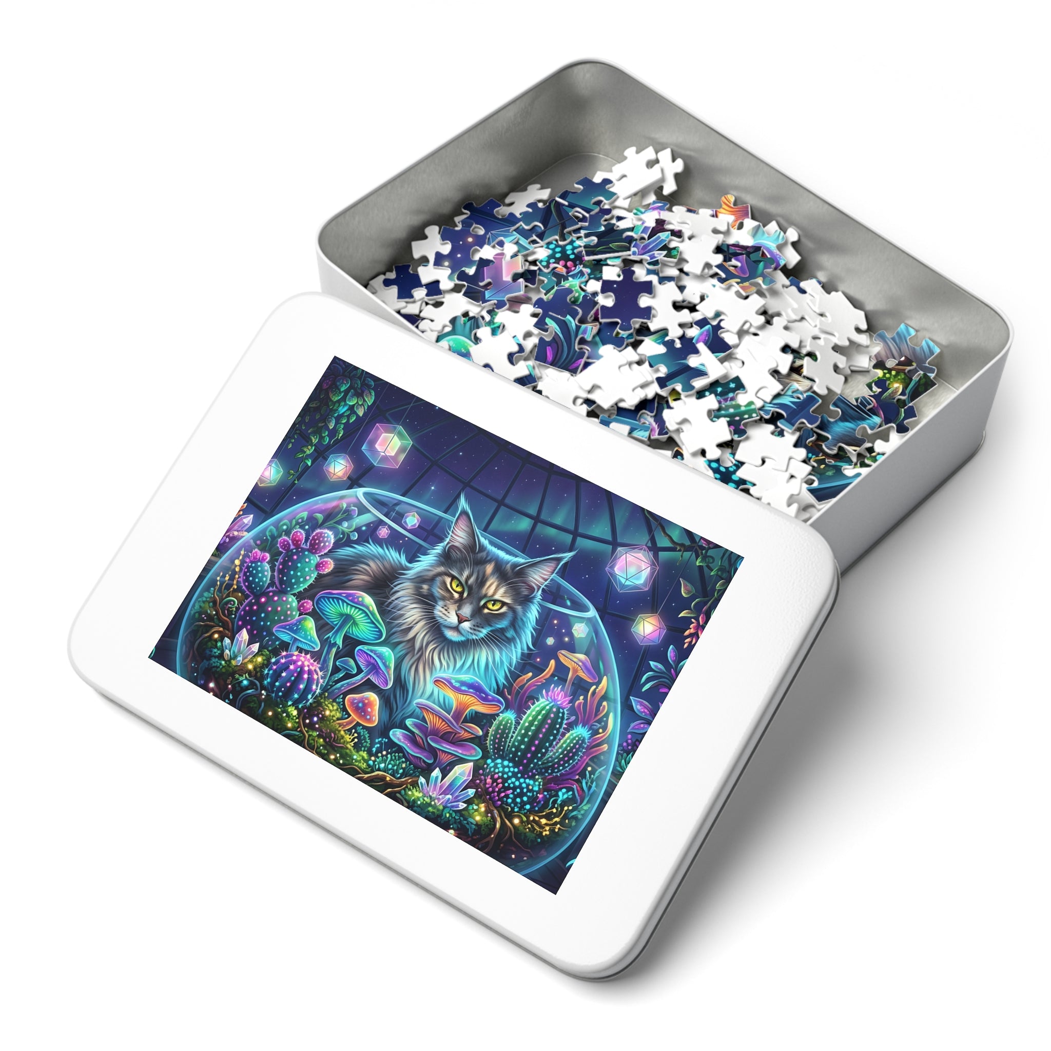 Silver Patch Tabby Maine Coon Glowing Terrarium Mushrooms Jigsaw Puzzle