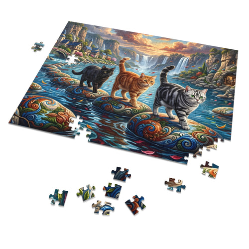 American Shorthair Cat Mosaic Stepping Stone River Waterfalls Jigsaw Puzzle